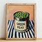 Green Peas – on Striped Tablecloth, Canned Vegetables Poster, no-text version framed in wood