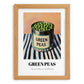 Green Peas – on Striped Tablecloth, Canned Vegetables Poster, set in oak frame