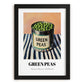Green Peas – on Striped Tablecloth, Canned Vegetables Poster, in sleek black frame
