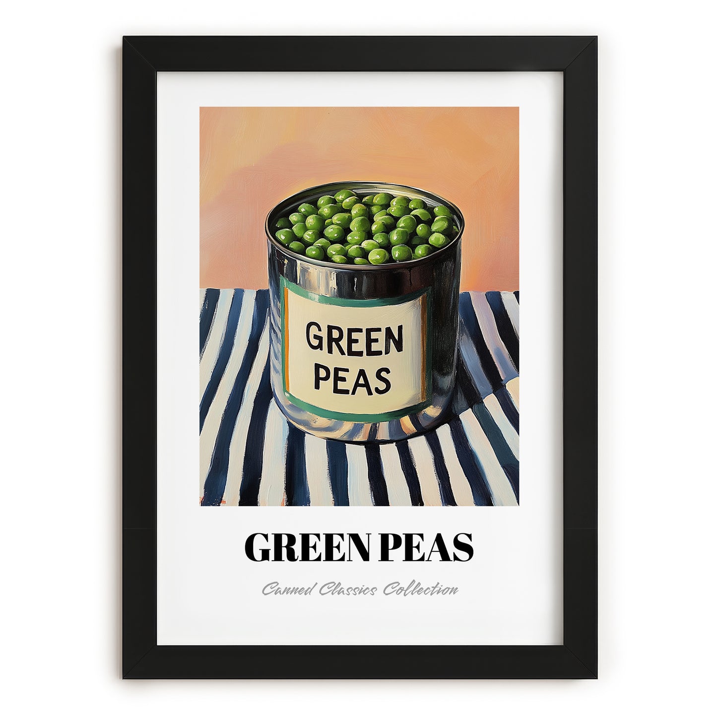 Green Peas – on Striped Tablecloth, Canned Vegetables Poster, in sleek black frame