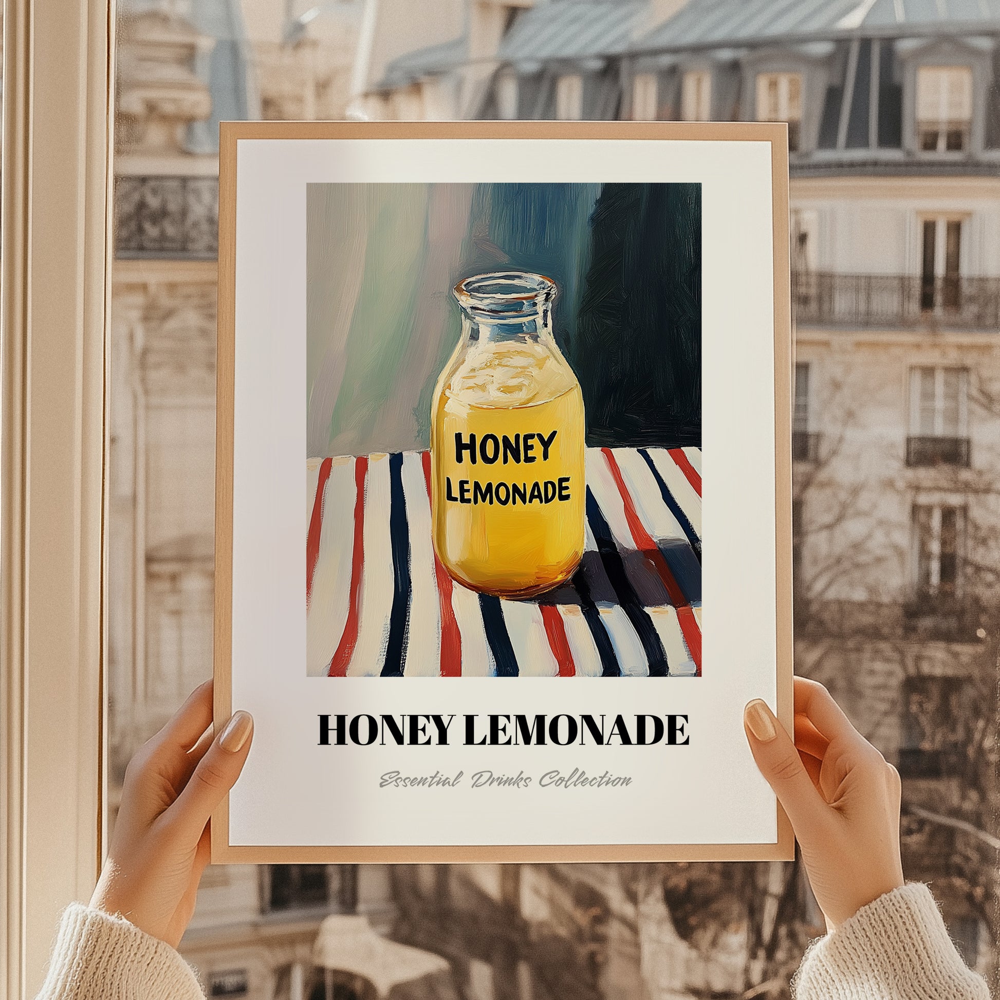 Honey Lemonade – on Striped Tablecloth, Lemonade Illustration, styled in a charming Paris street view
