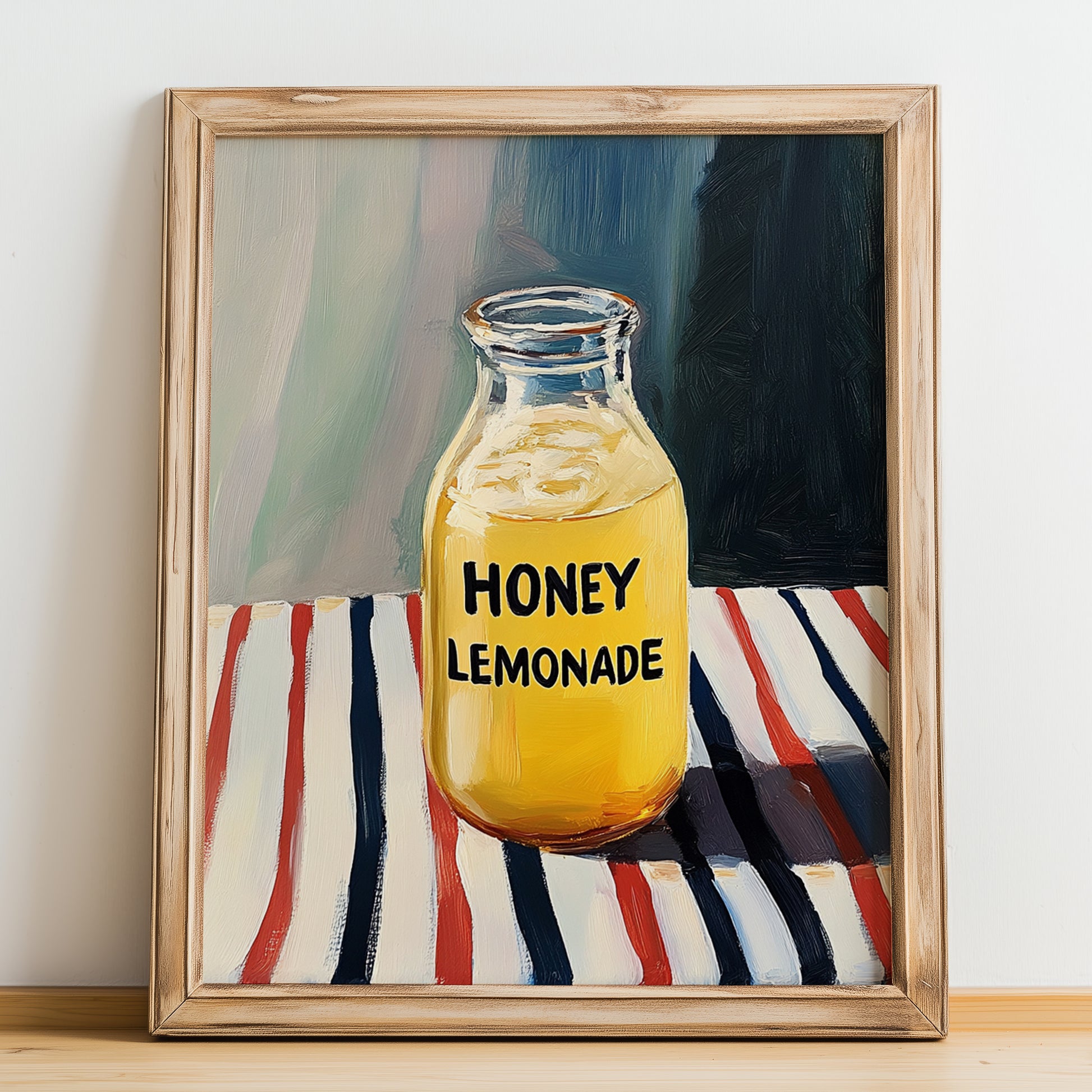 Honey Lemonade – on Striped Tablecloth, Lemonade Illustration, no-text version framed in wood