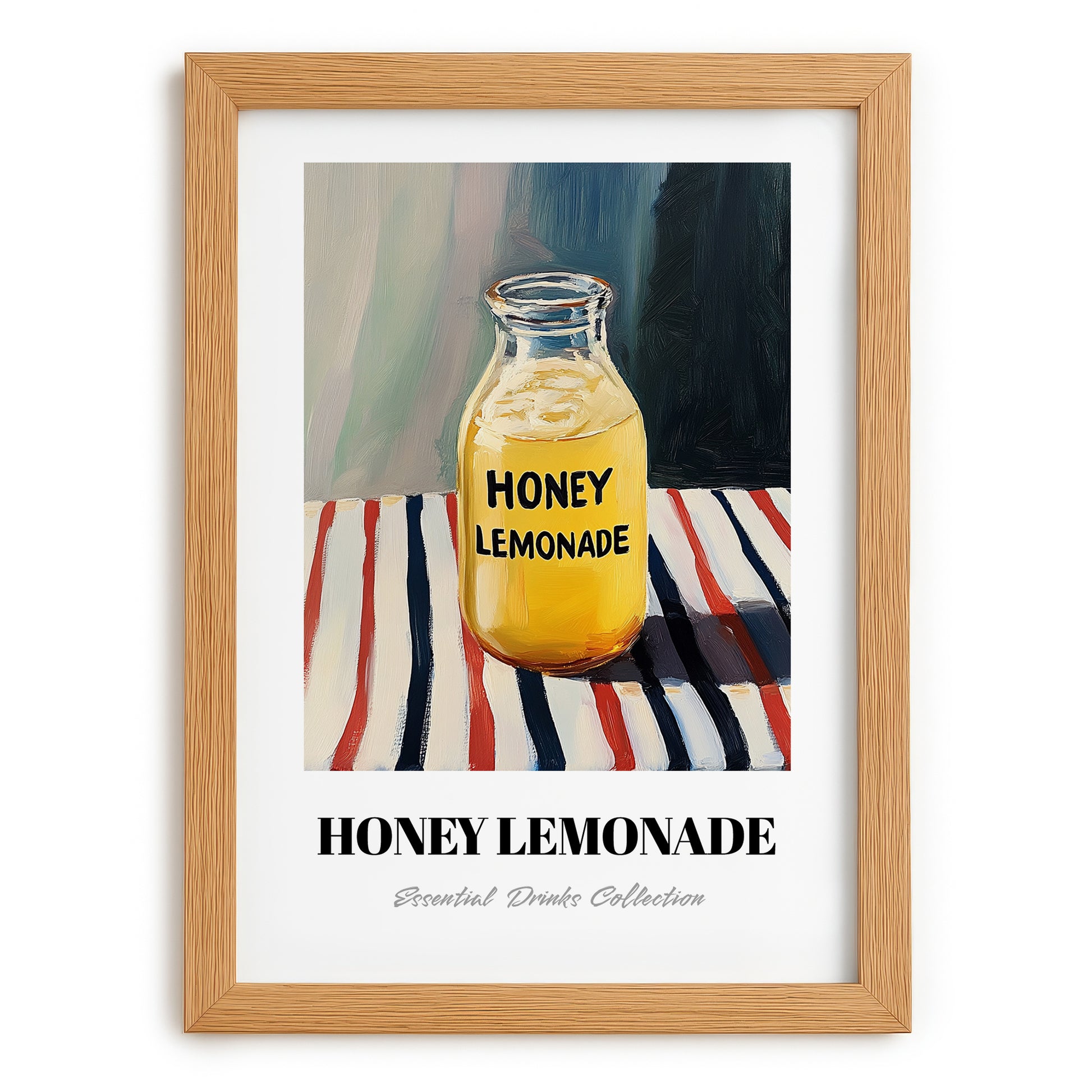 Honey Lemonade – on Striped Tablecloth, Lemonade Illustration, set in oak frame