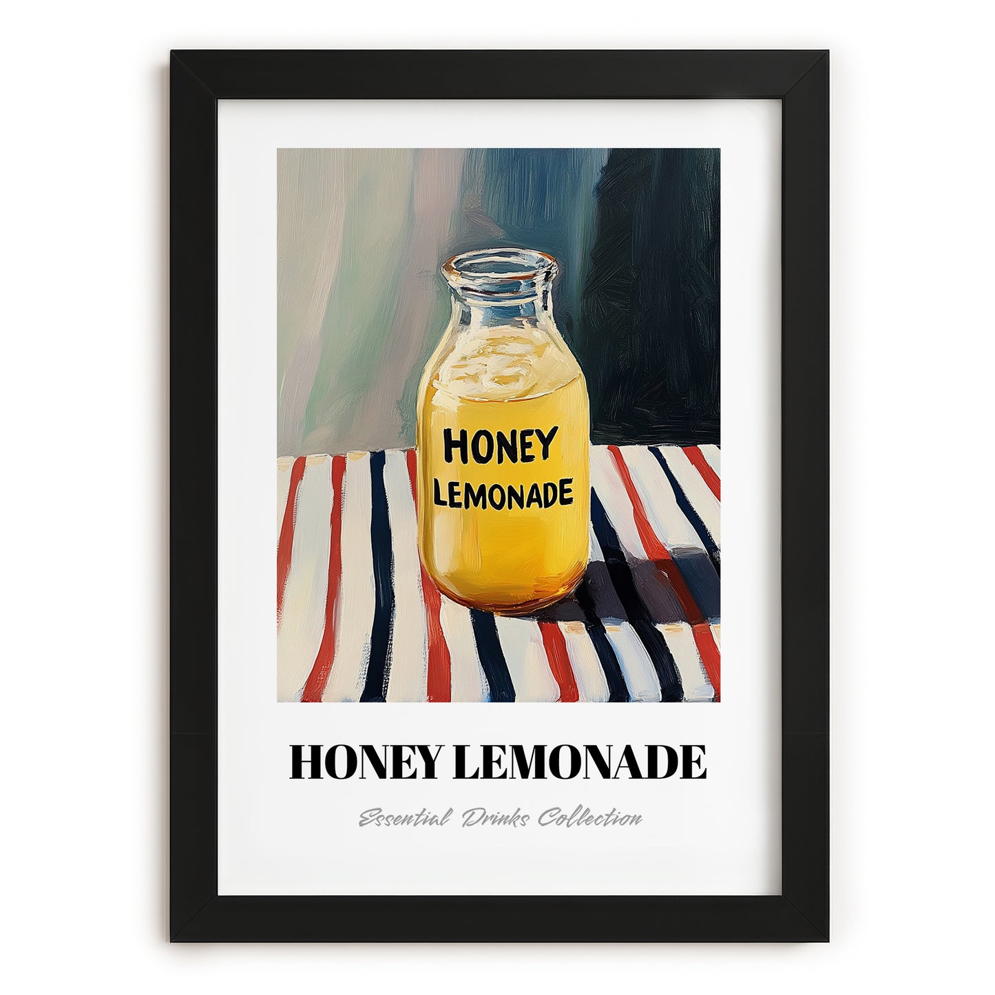 Honey Lemonade – on Striped Tablecloth, Lemonade Illustration, in sleek black frame
