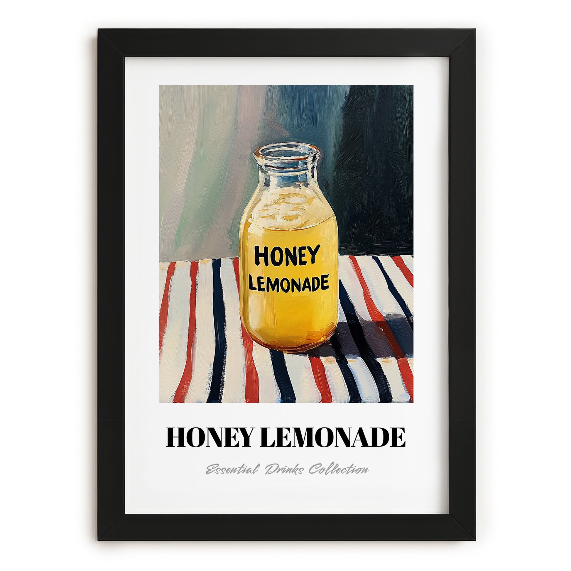 Honey Lemonade – on Striped Tablecloth, Lemonade Illustration, in sleek black frame
