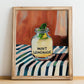 Mint Lemonade – on Striped Tablecloth, Lemonade Still Life, no-text version framed in wood