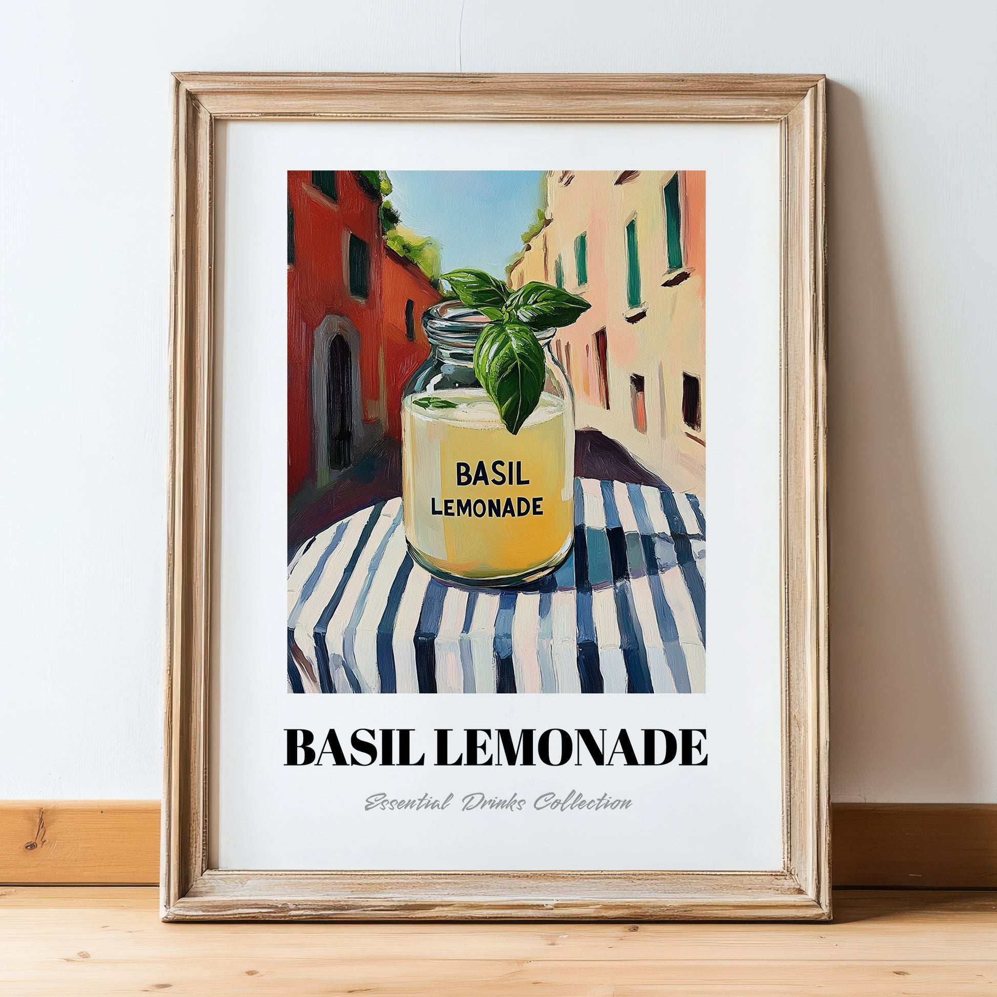 Basil Lemonade – Italian Café on the Corner, Lemonade Wall Painting, in wooden frame leaning on the floor