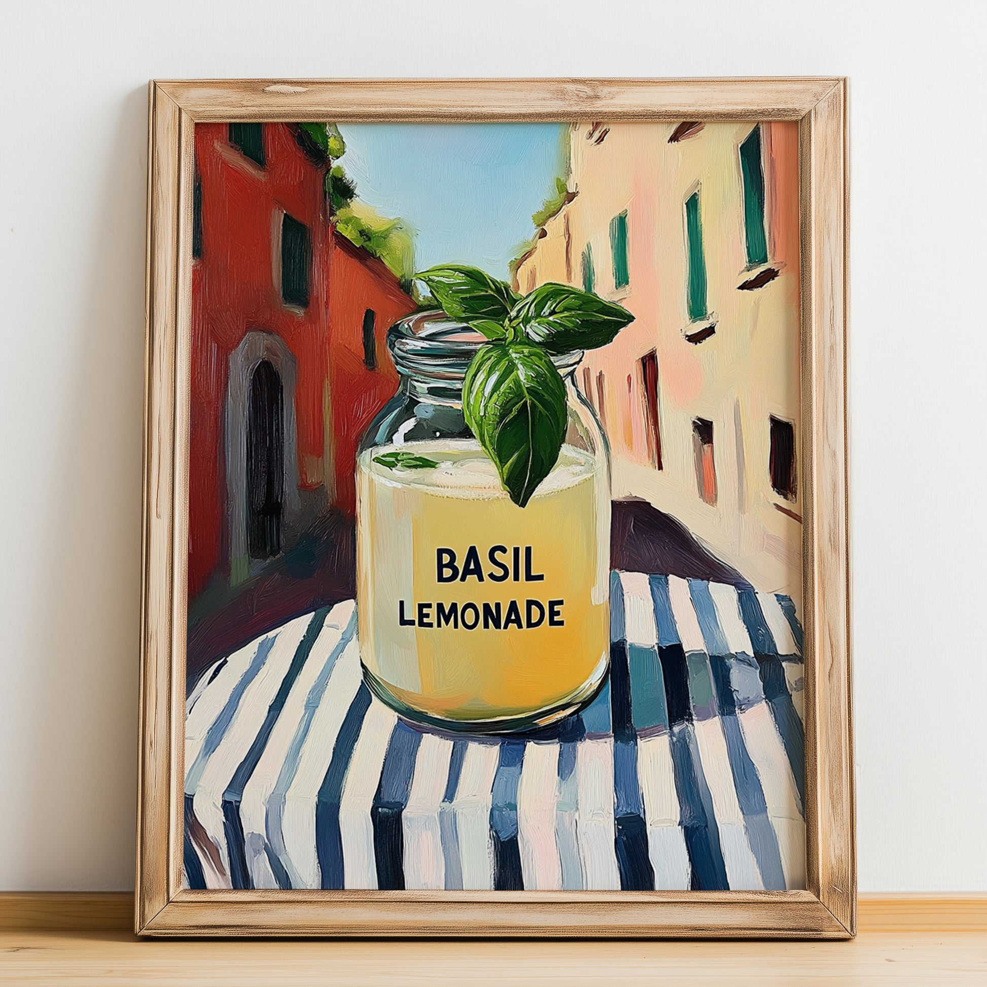 Basil Lemonade – Italian Café on the Corner, Lemonade Wall Painting, no-text version framed in wood