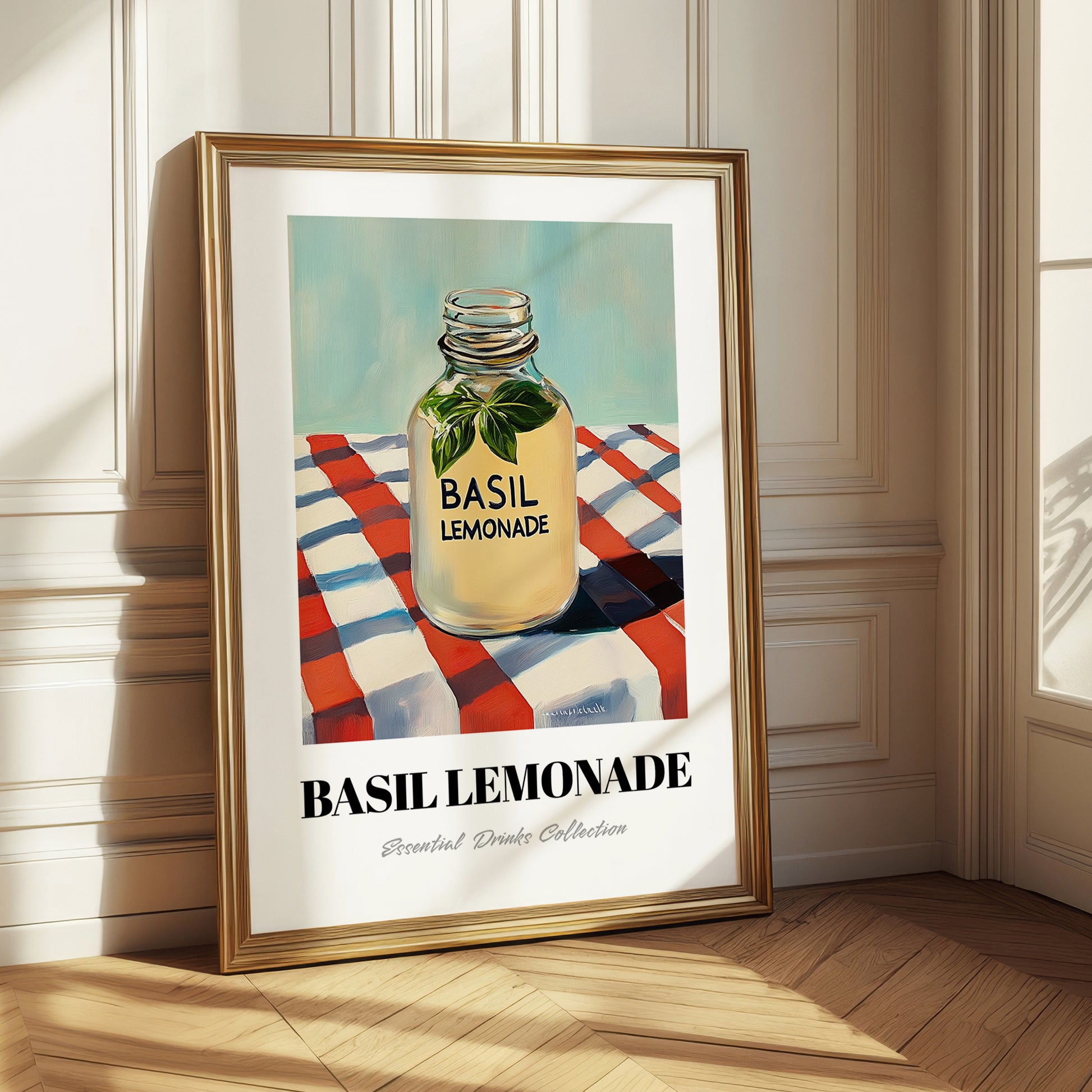 Basil Lemonade – on Striped Tablecloth, Lemonade Illustration
