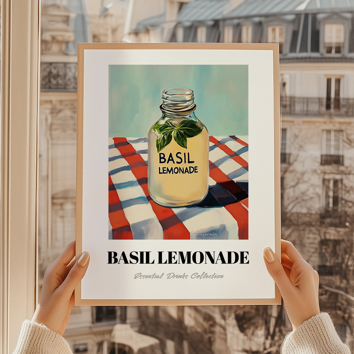 Basil Lemonade – on Striped Tablecloth, Lemonade Illustration, styled in a charming Paris street view