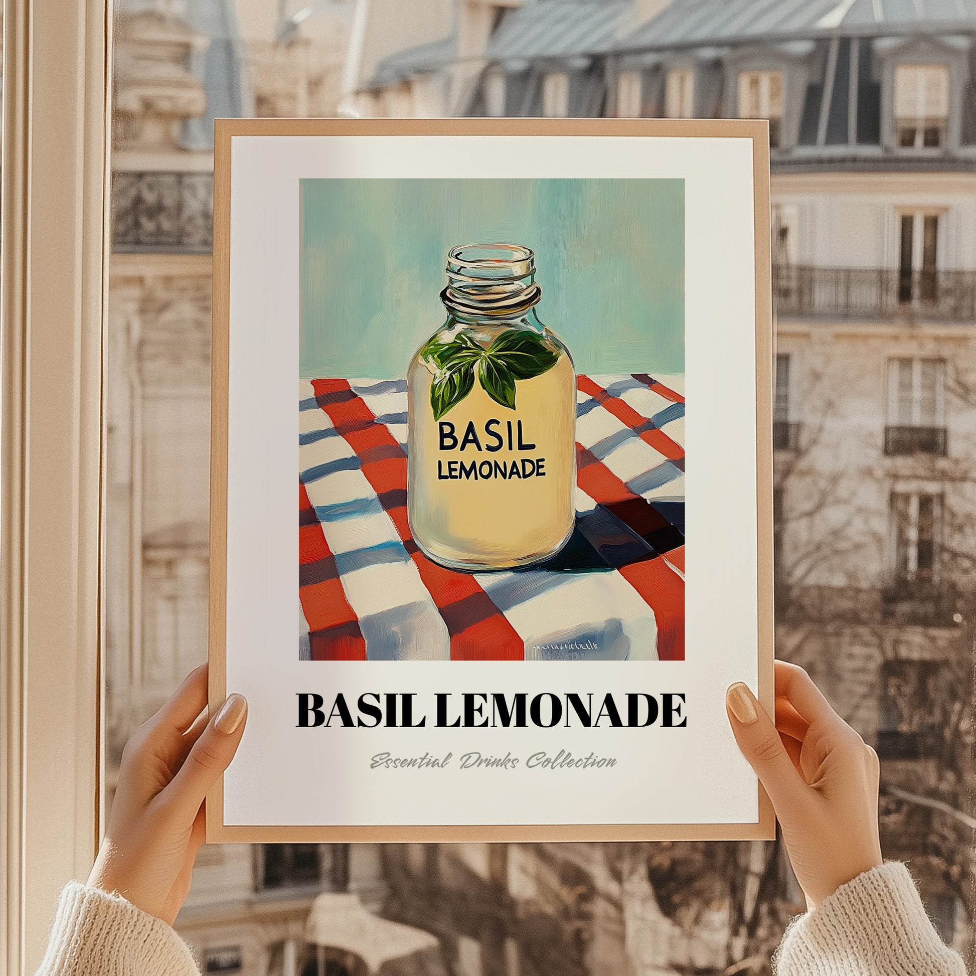 Basil Lemonade – on Striped Tablecloth, Lemonade Illustration, styled in a charming Paris street view