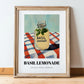 Basil Lemonade – on Striped Tablecloth, Lemonade Illustration, in wooden frame leaning on the floor
