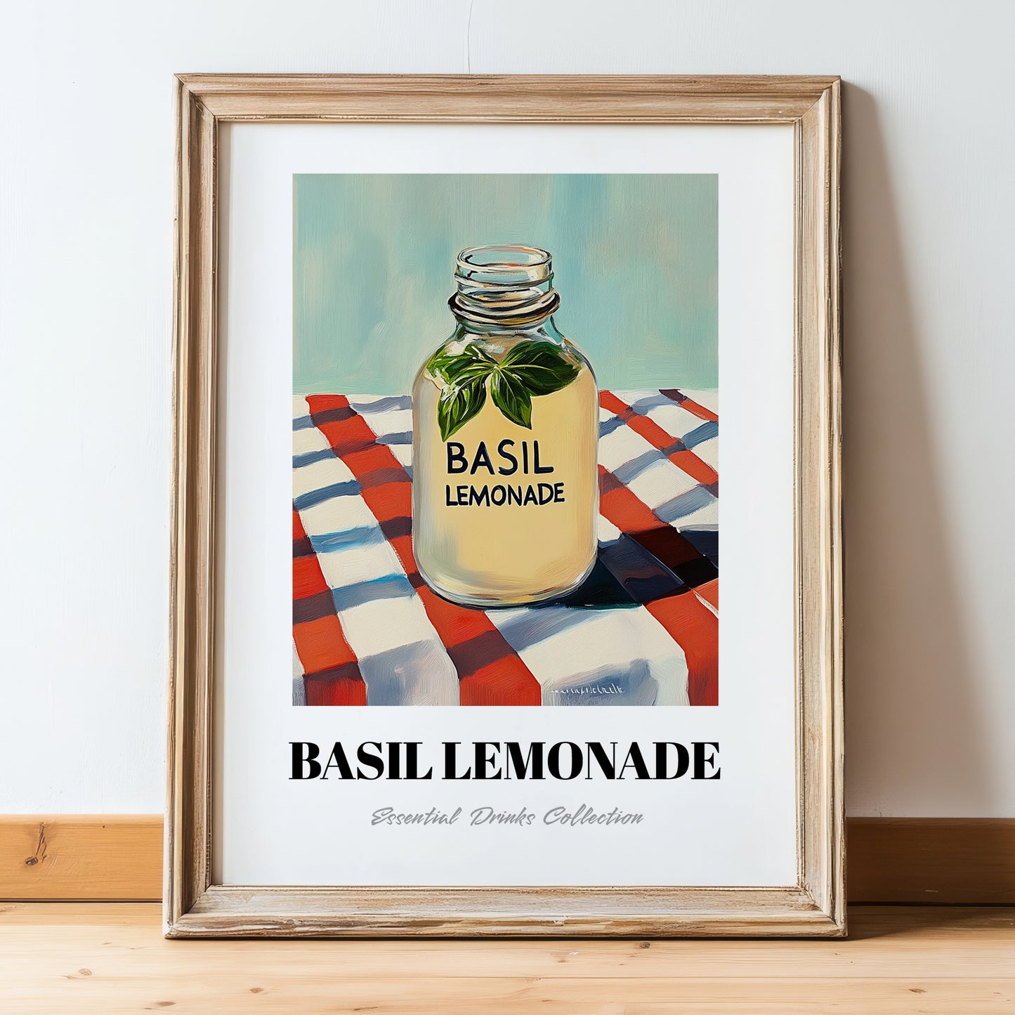 Basil Lemonade – on Striped Tablecloth, Lemonade Illustration, in wooden frame leaning on the floor