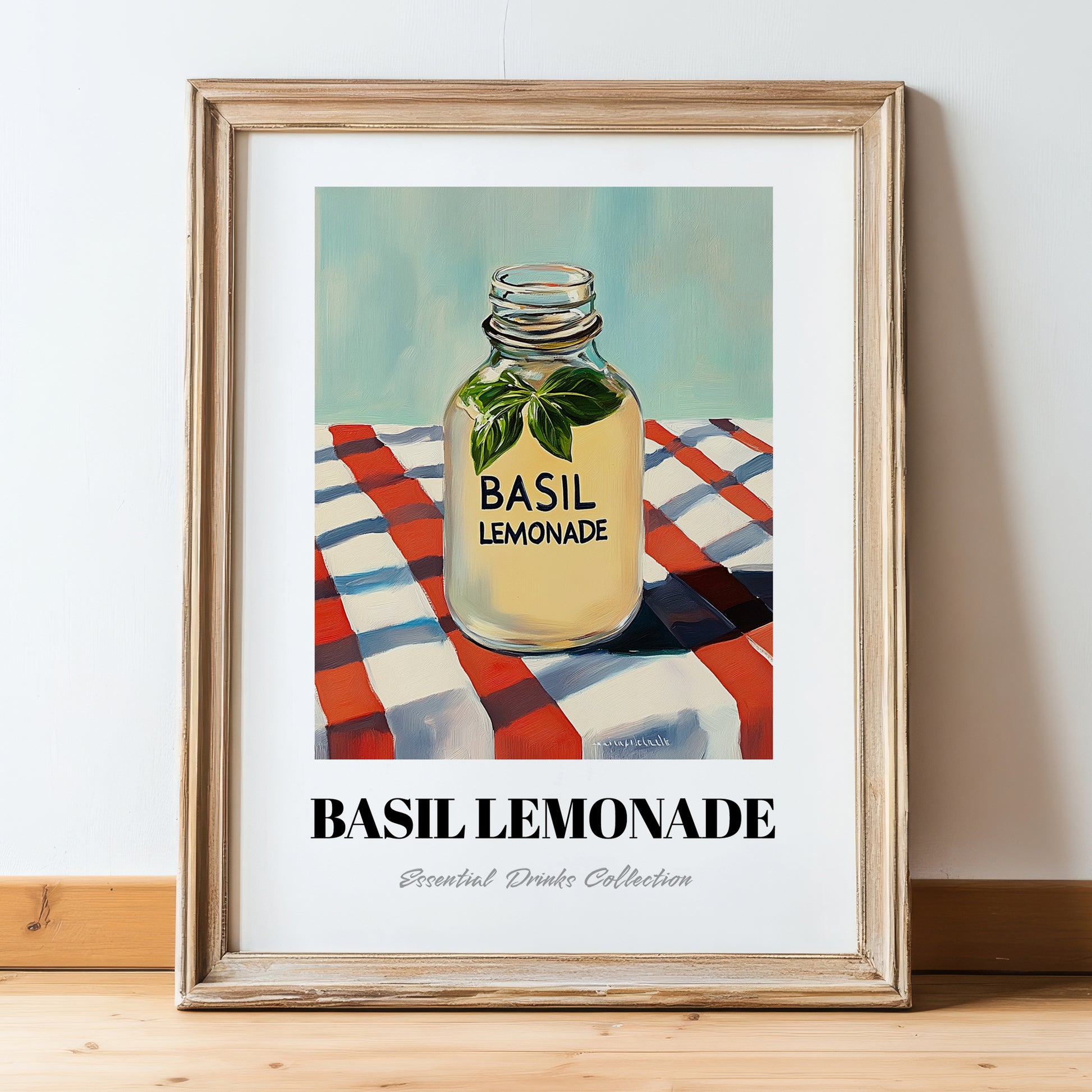 Basil Lemonade – on Striped Tablecloth, Lemonade Illustration, in wooden frame leaning on the floor