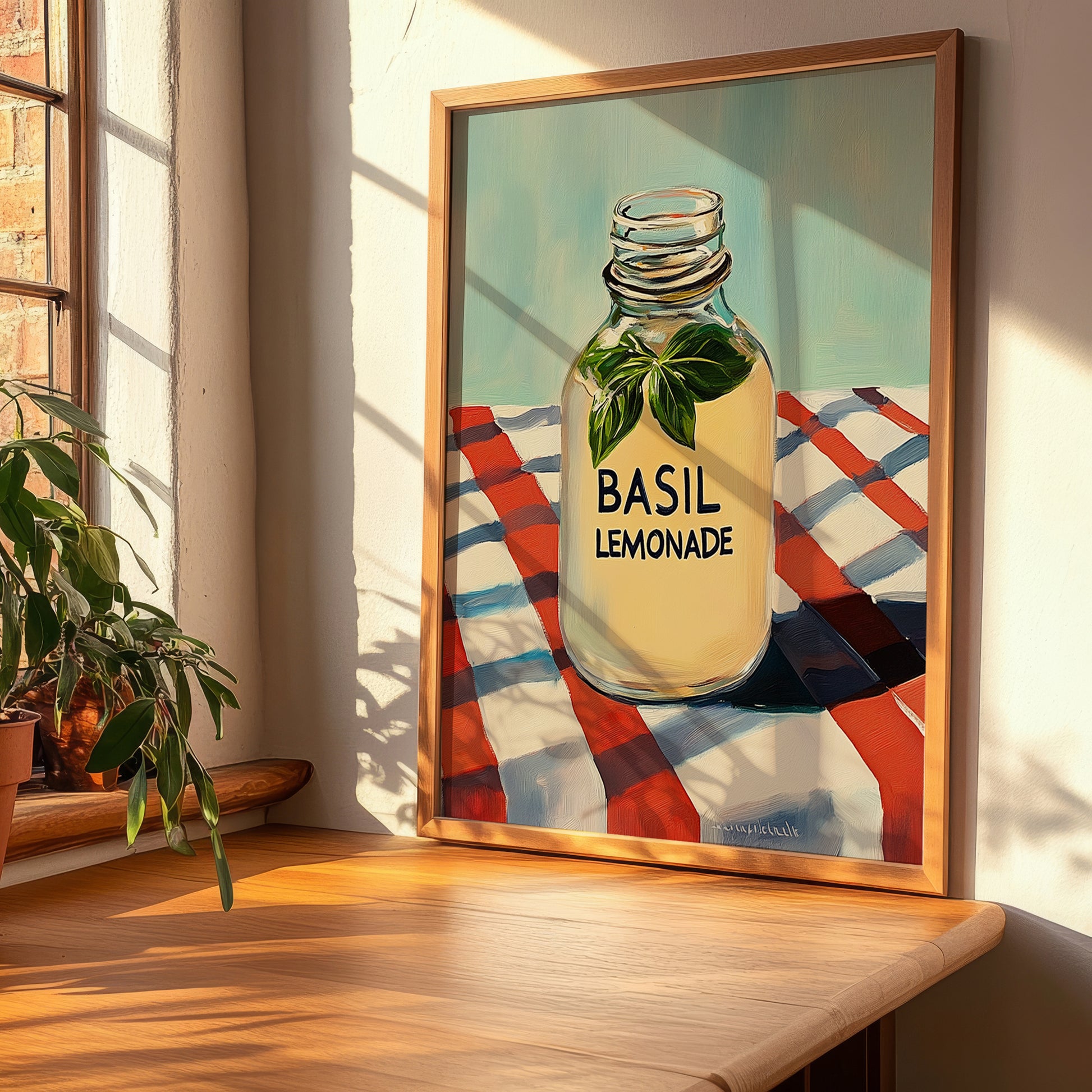 Basil Lemonade – on Striped Tablecloth, Lemonade Illustration, clean layout with no caption