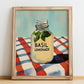 Basil Lemonade – on Striped Tablecloth, Lemonade Illustration, no-text version framed in wood