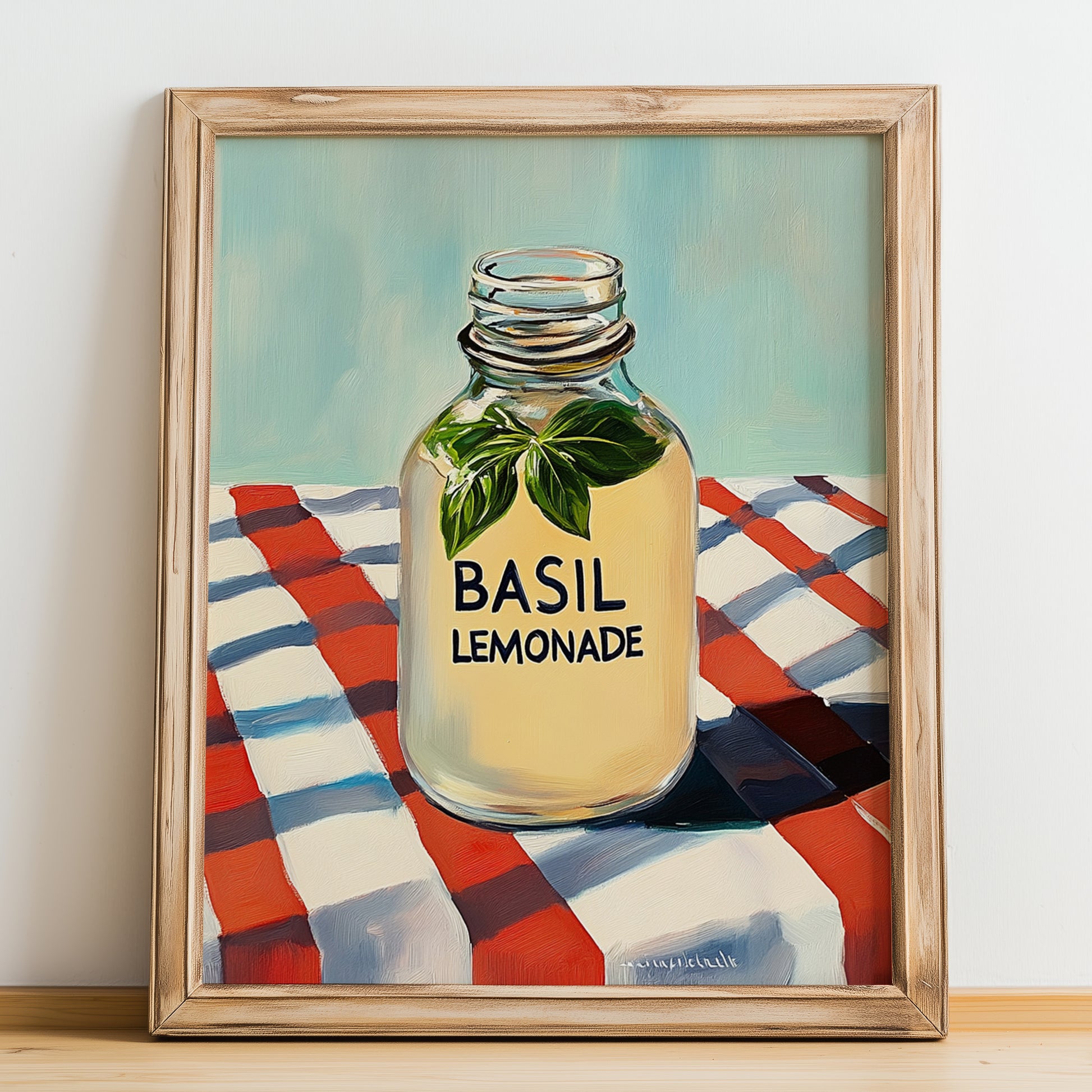 Basil Lemonade – on Striped Tablecloth, Lemonade Illustration, no-text version framed in wood