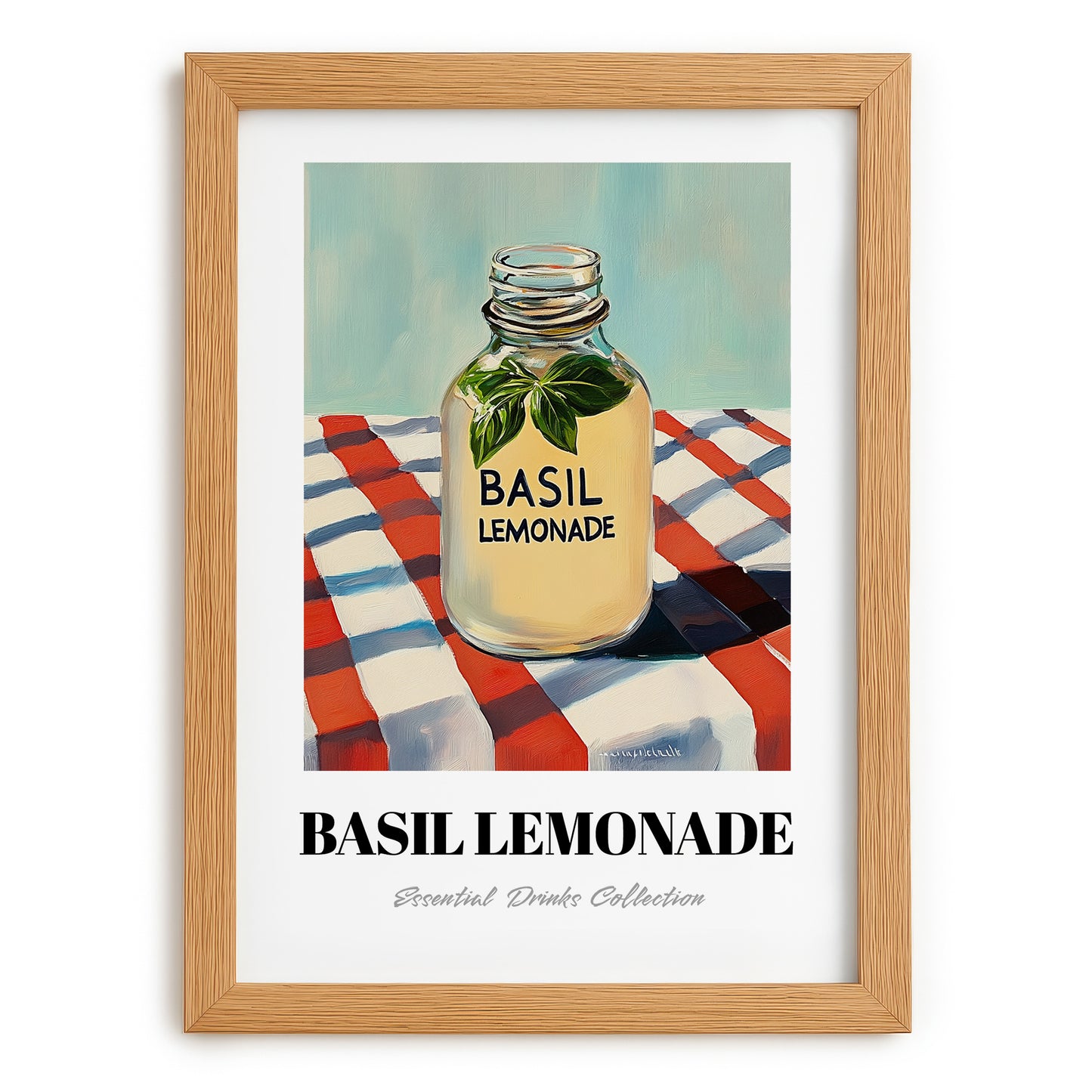 Basil Lemonade – on Striped Tablecloth, Lemonade Illustration, set in oak frame