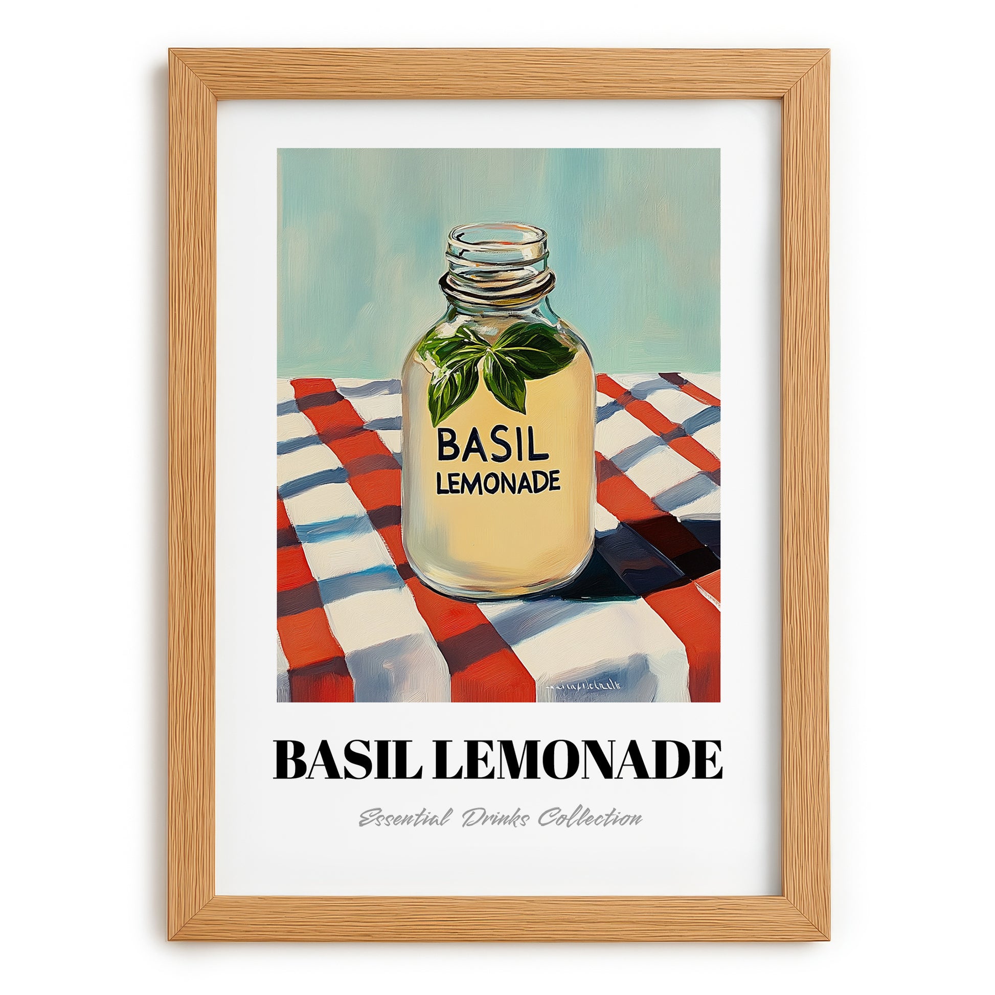 Basil Lemonade – on Striped Tablecloth, Lemonade Illustration, set in oak frame