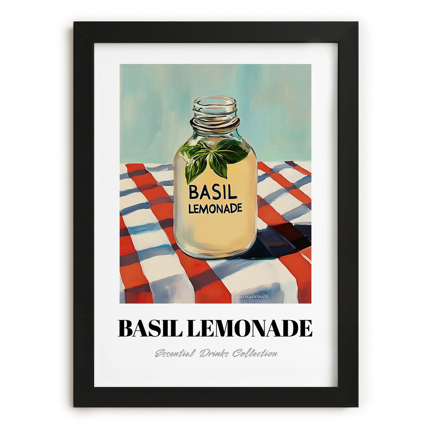 Basil Lemonade – on Striped Tablecloth, Lemonade Illustration, in sleek black frame