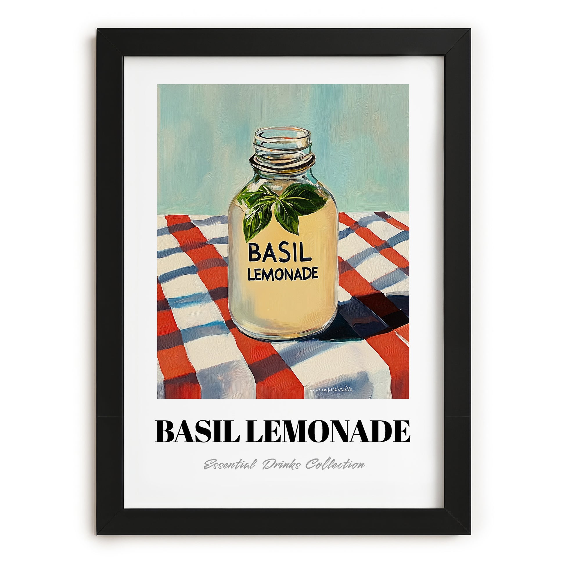 Basil Lemonade – on Striped Tablecloth, Lemonade Illustration, in sleek black frame