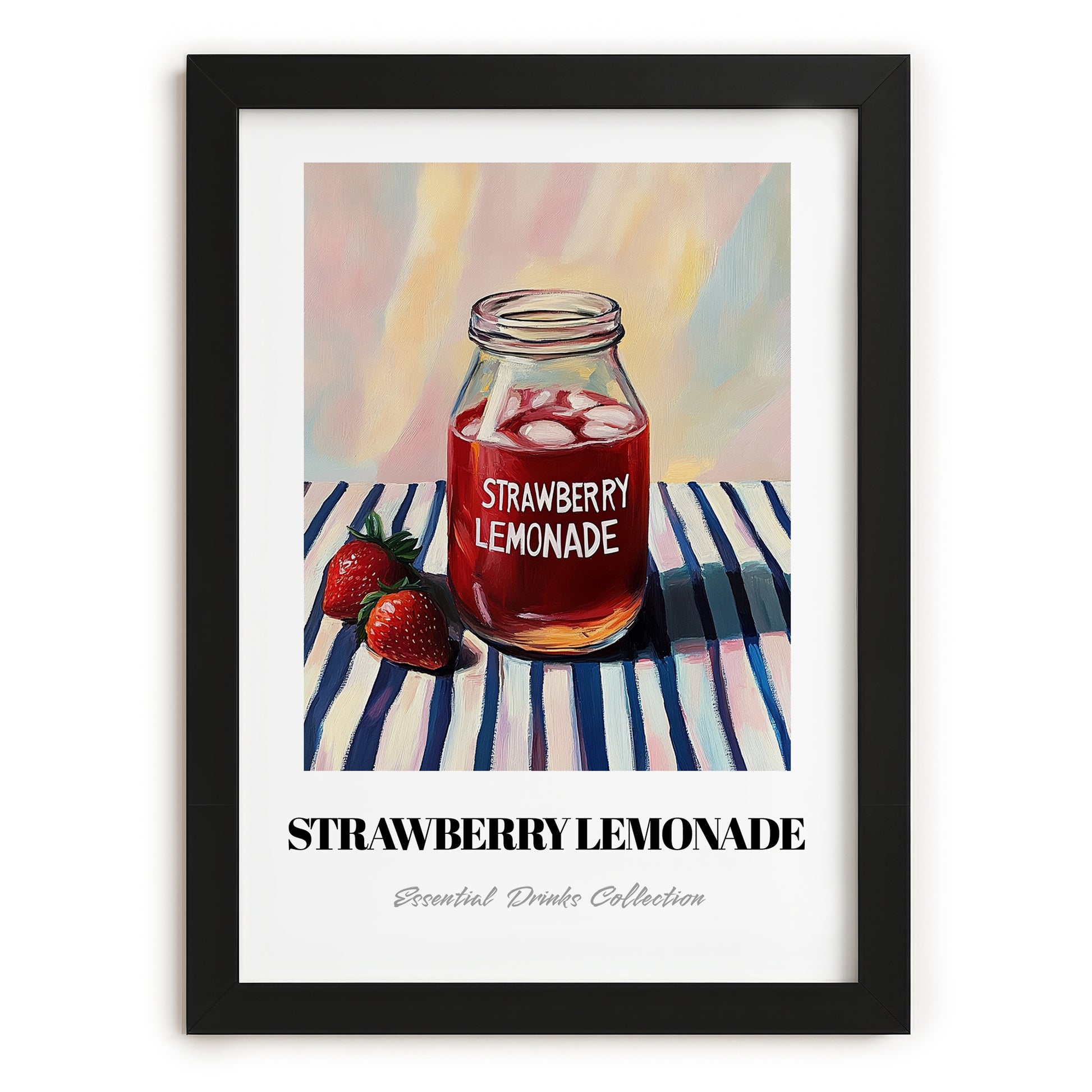 Strawberry Lemonade – on Striped Tablecloth, Lemonade Painting, in sleek black frame