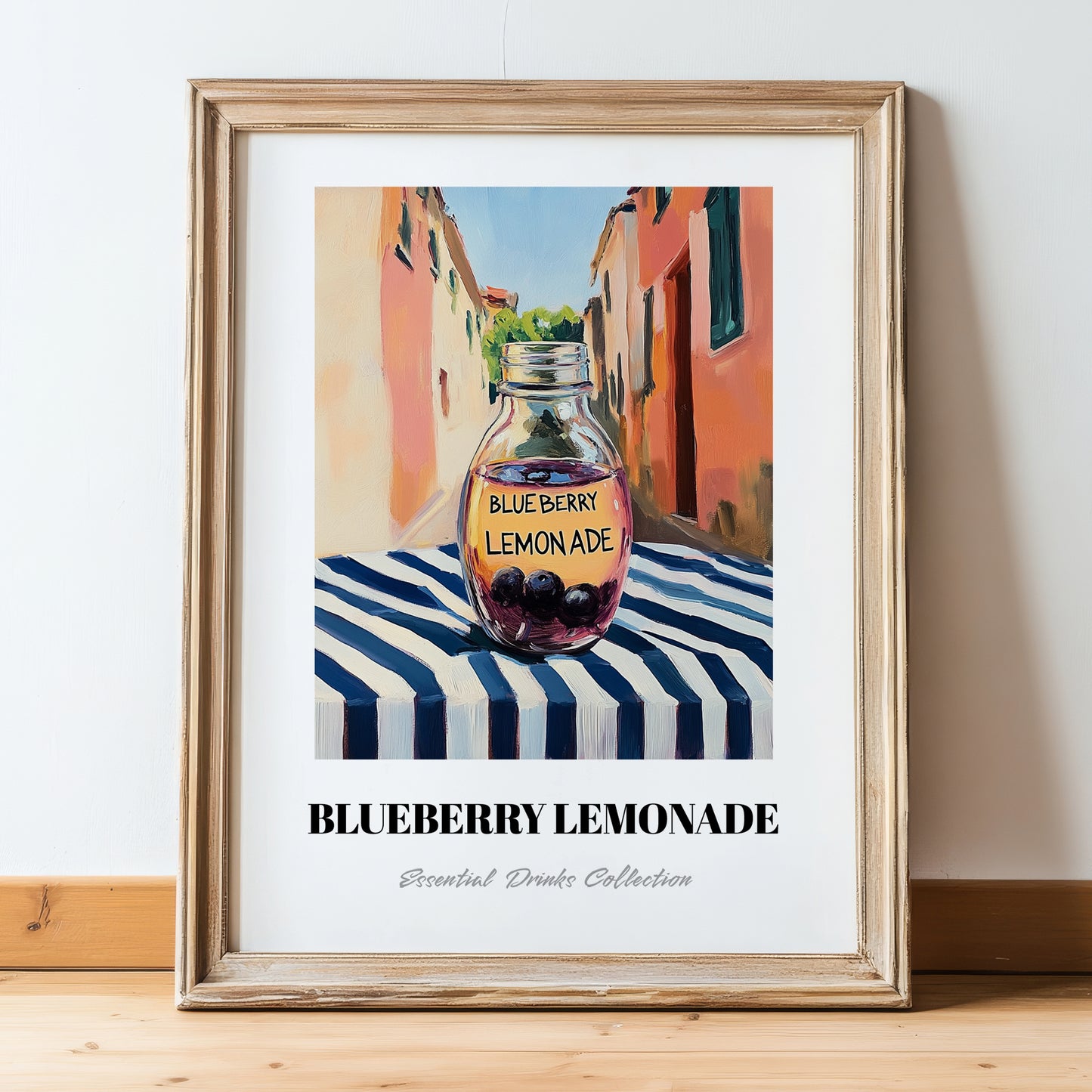 Blueberry Lemonade – Italian Outdoor Café Scene, Lemonade Wall Decor, in wooden frame leaning on the floor