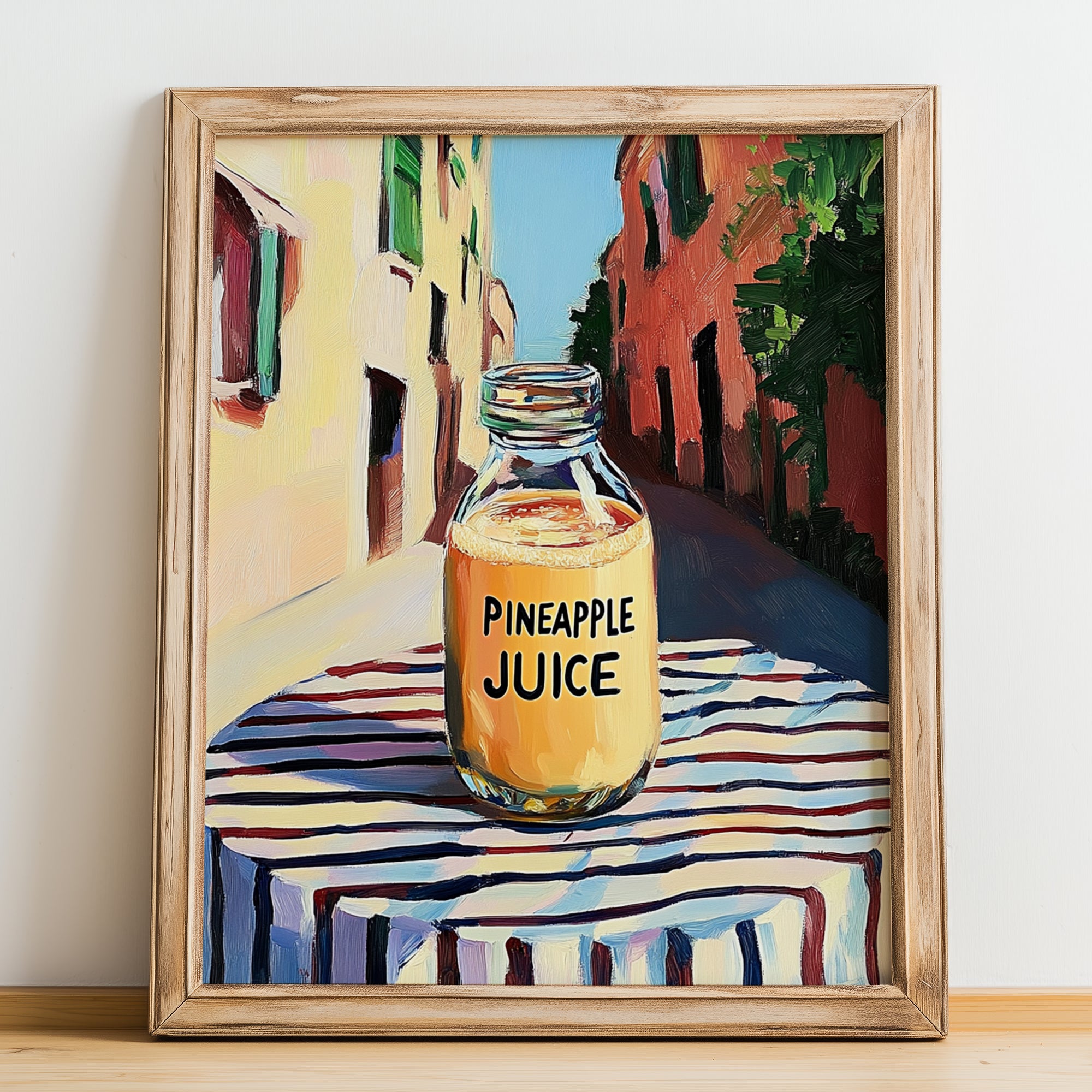Pineapple Juice – Italian Urban Café Scene, Lemonade Poster, no-text version framed in wood