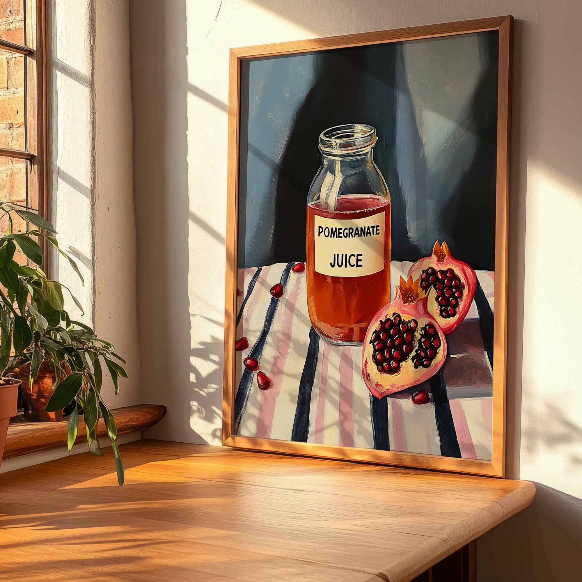 Pomegranate Juice – on Striped Tablecloth, Lemonade Art, clean layout with no caption