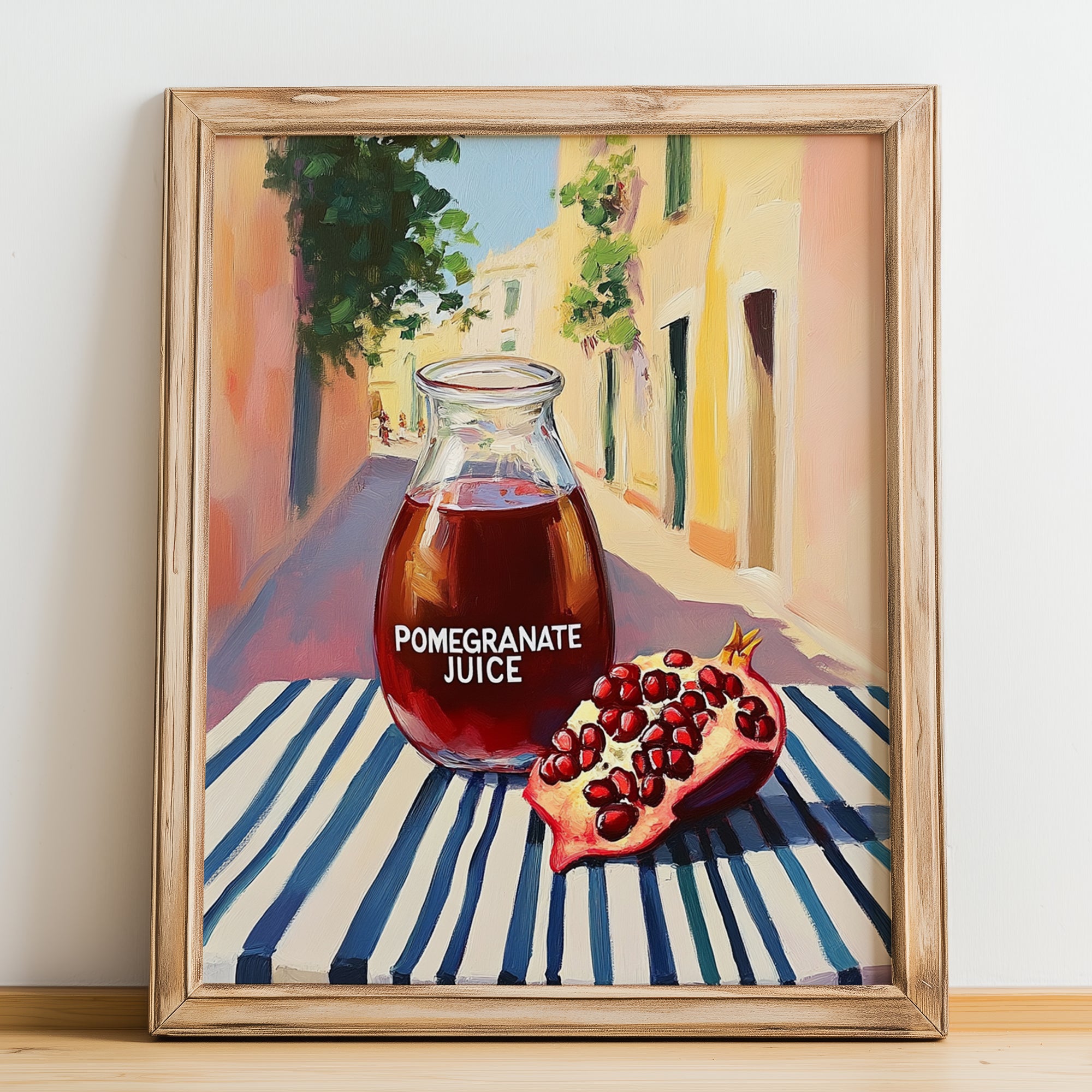 Pomegranate Juice – Italian Outdoor Café Scene, Lemonade Painting, no-text version framed in wood