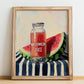 Watermelon Juice – on Striped Tablecloth, Lemonade Still Life, no-text version framed in wood
