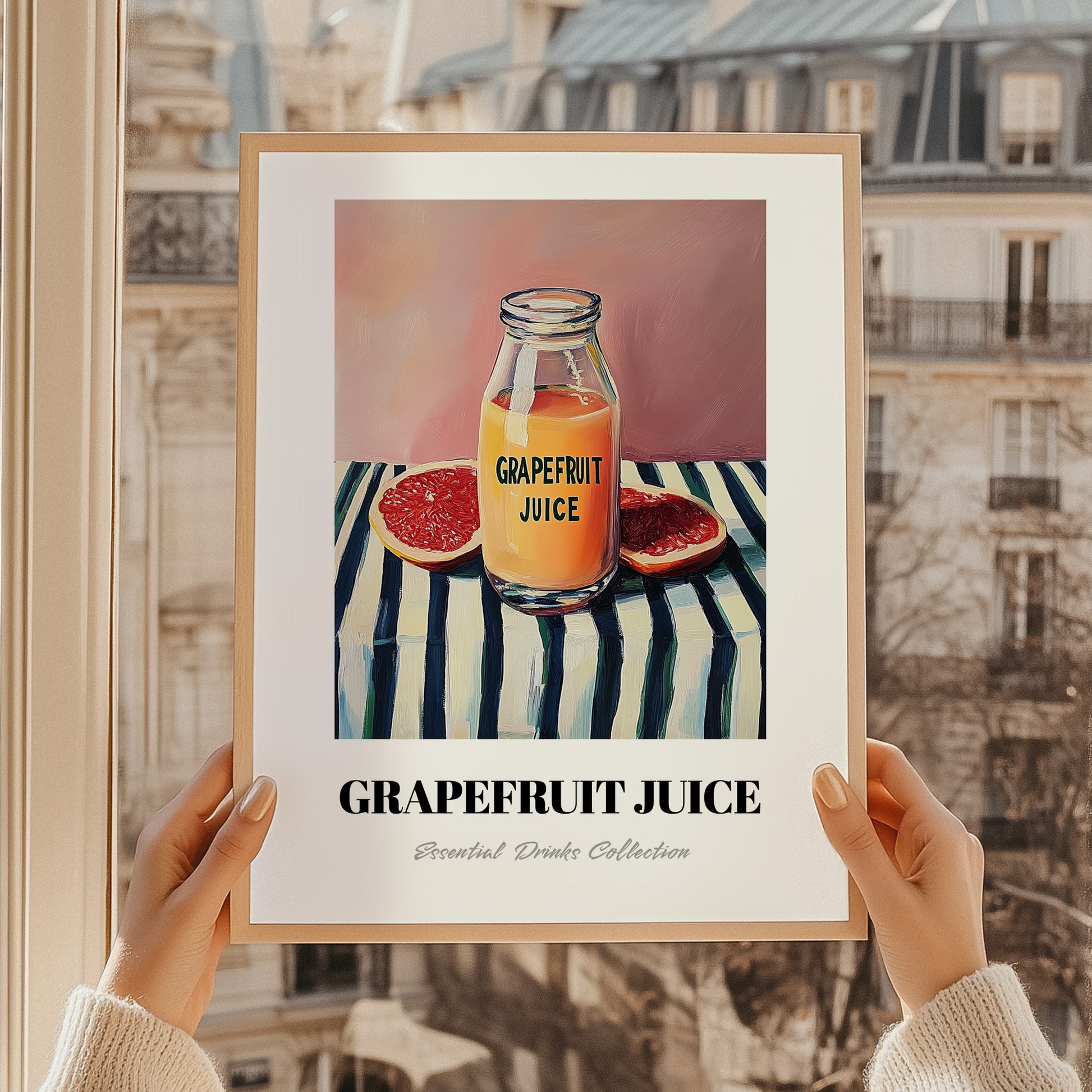 Grapefruit Juice – on Striped Tablecloth, Lemonade Wall Art, styled in a charming Paris street view