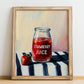 Strawberry Juice – on Striped Tablecloth, Lemonade Painting, no-text version framed in wood