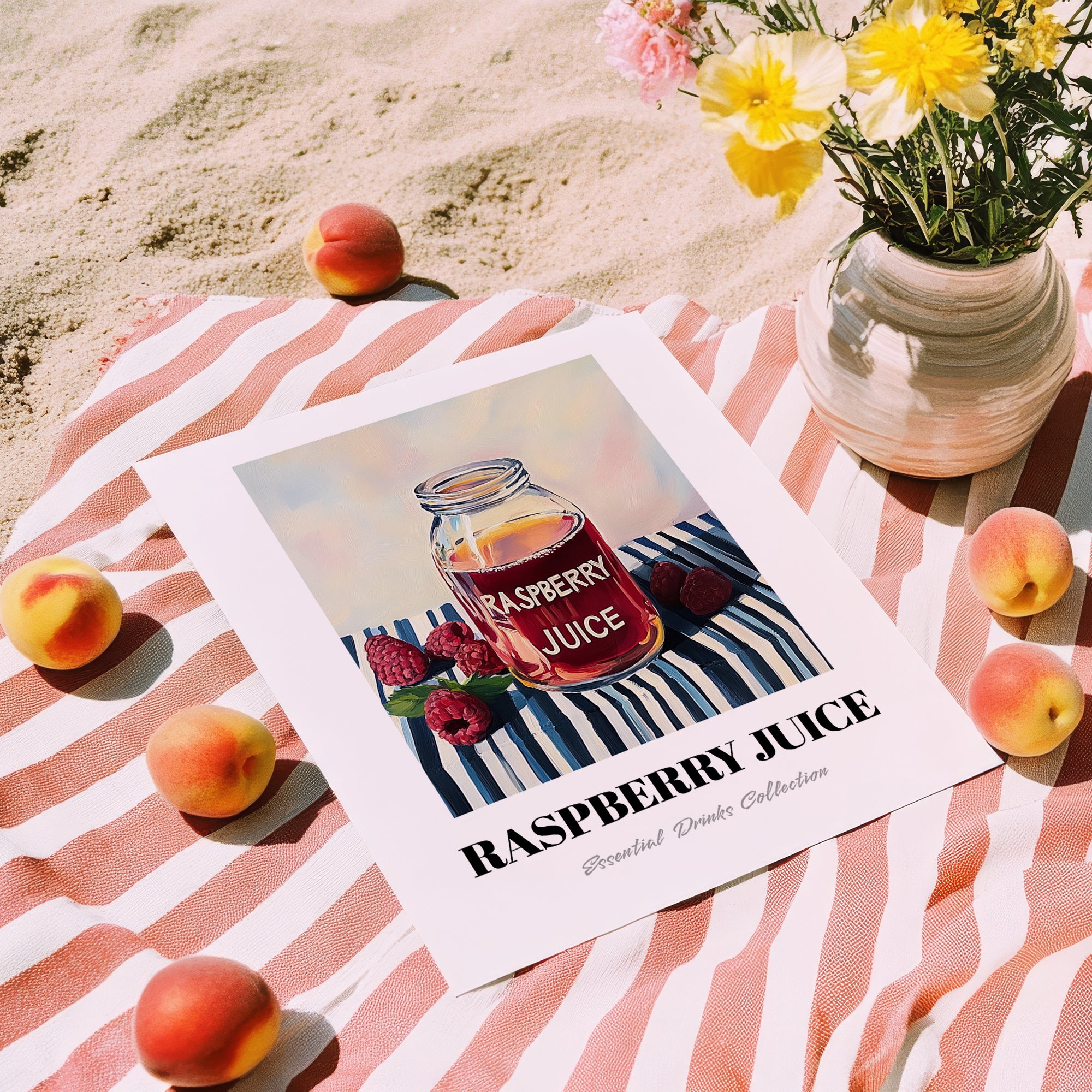 Raspberry Juice – on Striped Tablecloth, Lemonade Illustration, unframed on coastal sand