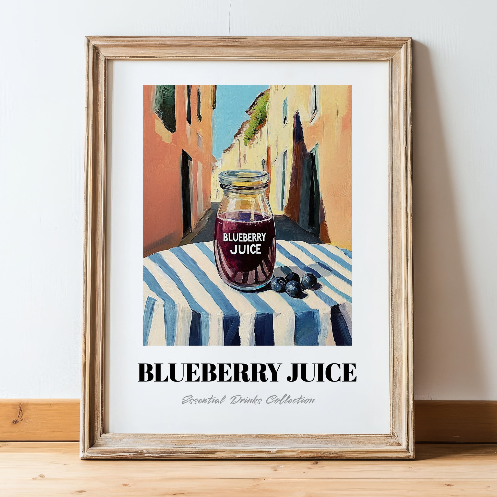 Blueberry Juice – Italian Café on the Corner, Lemonade Poster, in wooden frame leaning on the floor