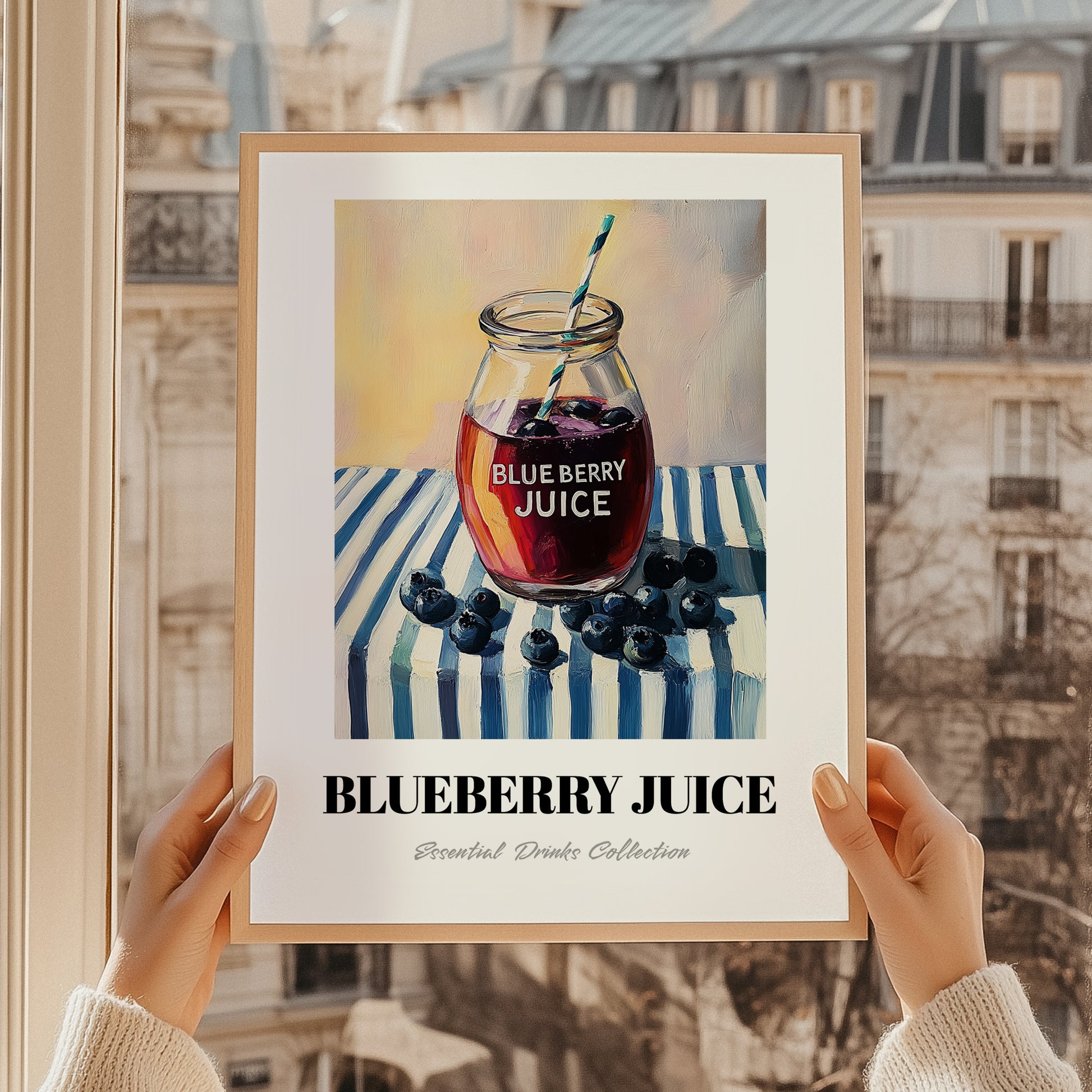 Blueberry Juice – on Striped Tablecloth, Lemonade Print, styled in a charming Paris street view