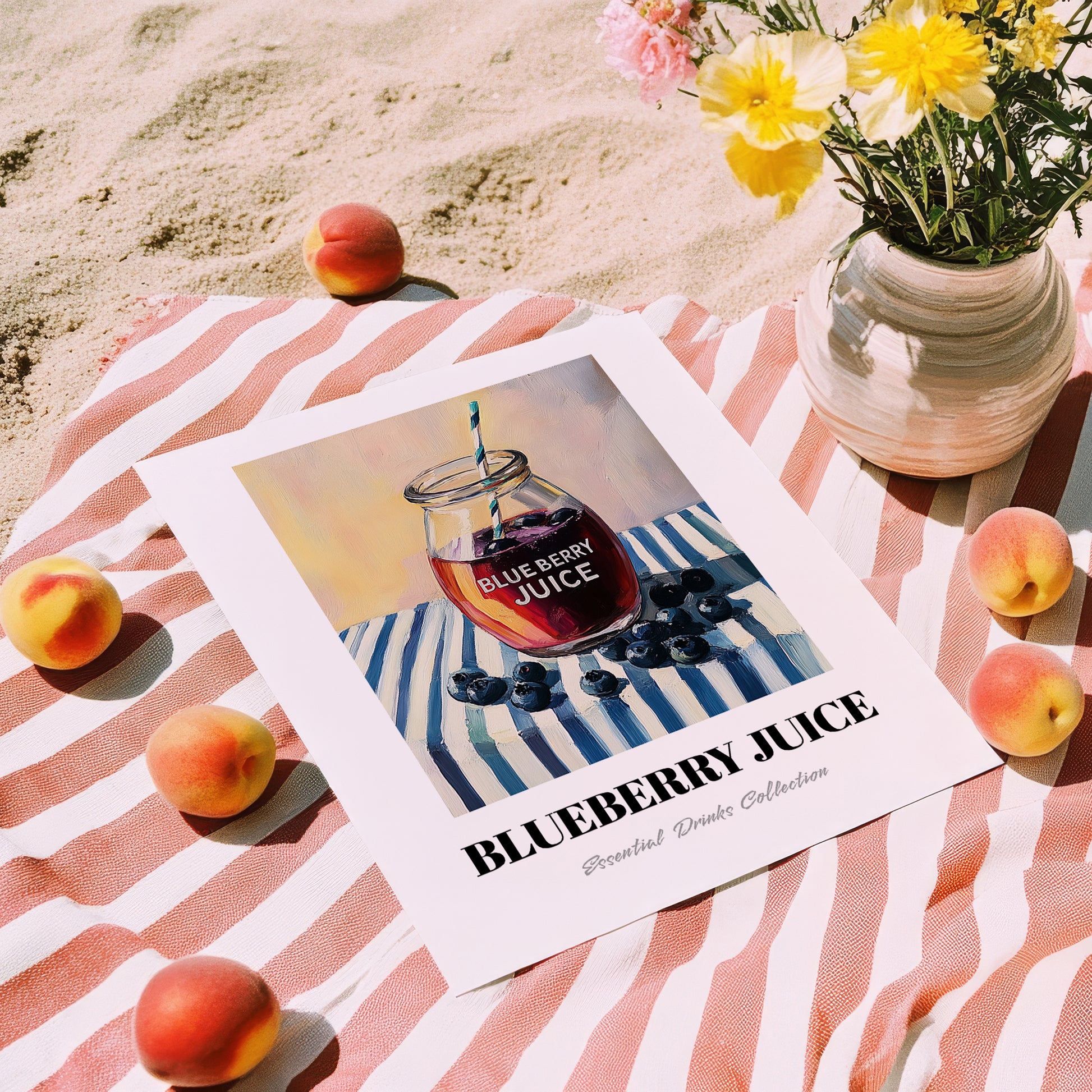 Blueberry Juice – on Striped Tablecloth, Lemonade Print, unframed on coastal sand