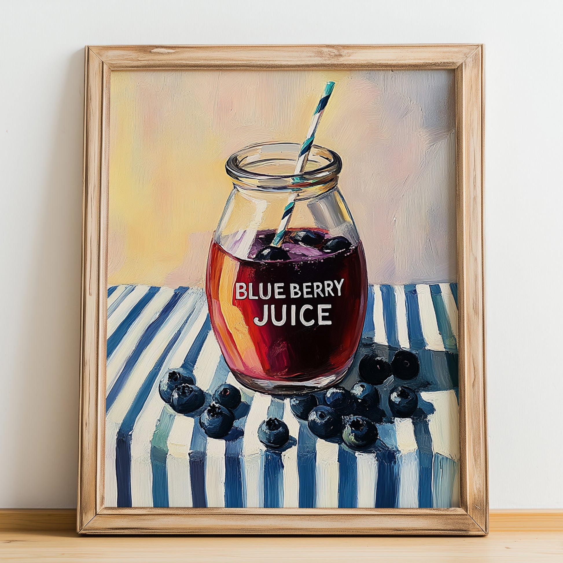 Blueberry Juice – on Striped Tablecloth, Lemonade Print, no-text version framed in wood