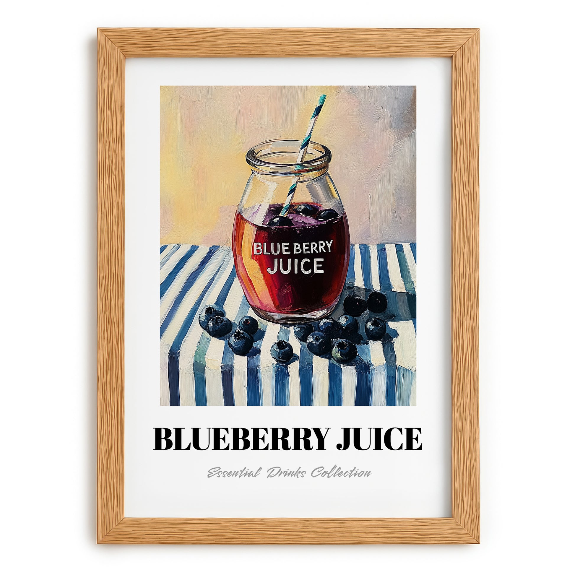 Blueberry Juice – on Striped Tablecloth, Lemonade Print, set in oak frame