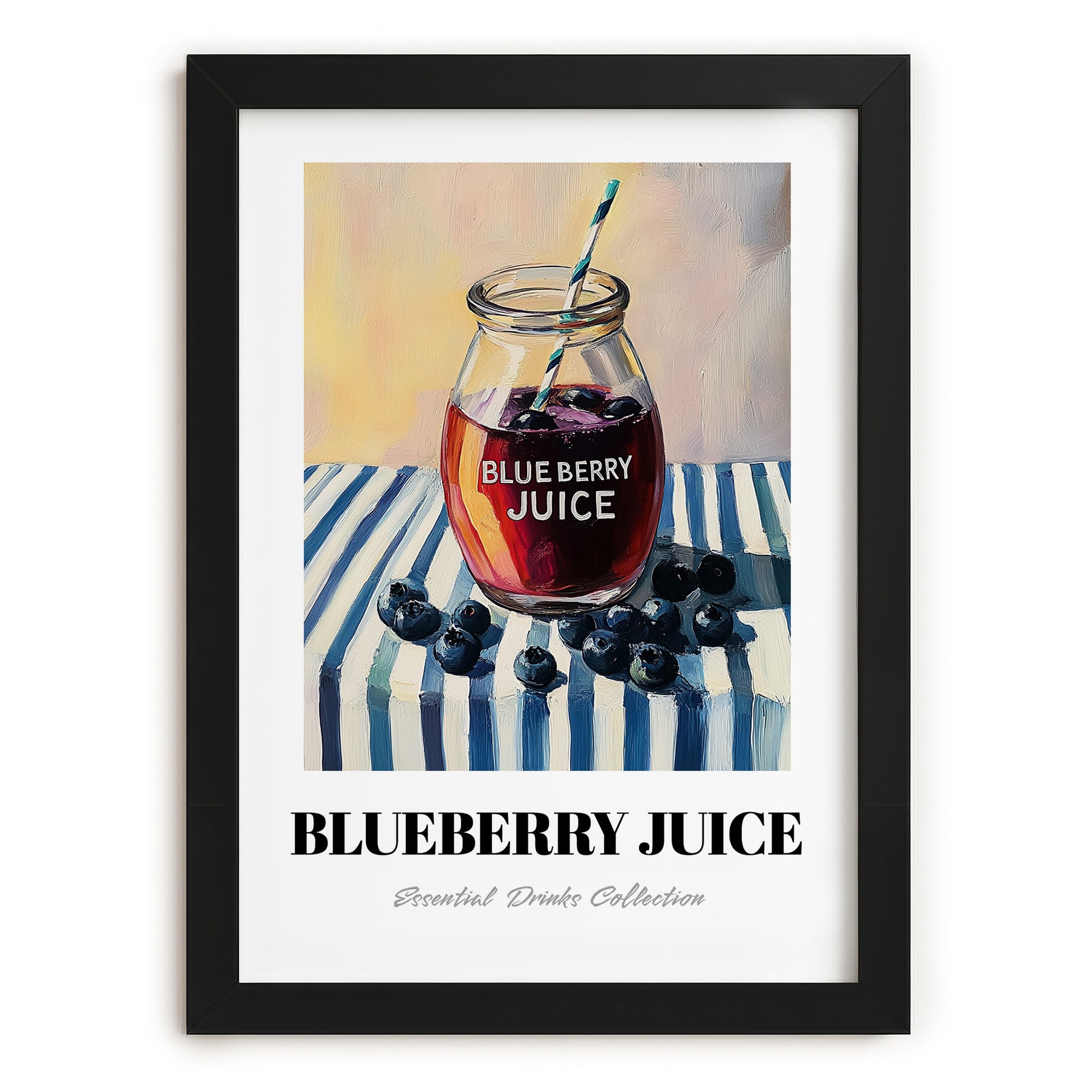 Blueberry Juice – on Striped Tablecloth, Lemonade Print, in sleek black frame