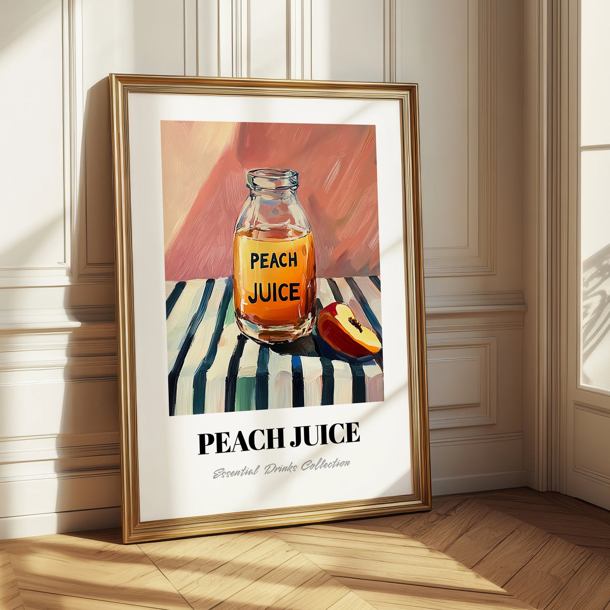 Peach Juice – on Striped Tablecloth, Lemonade Still Life