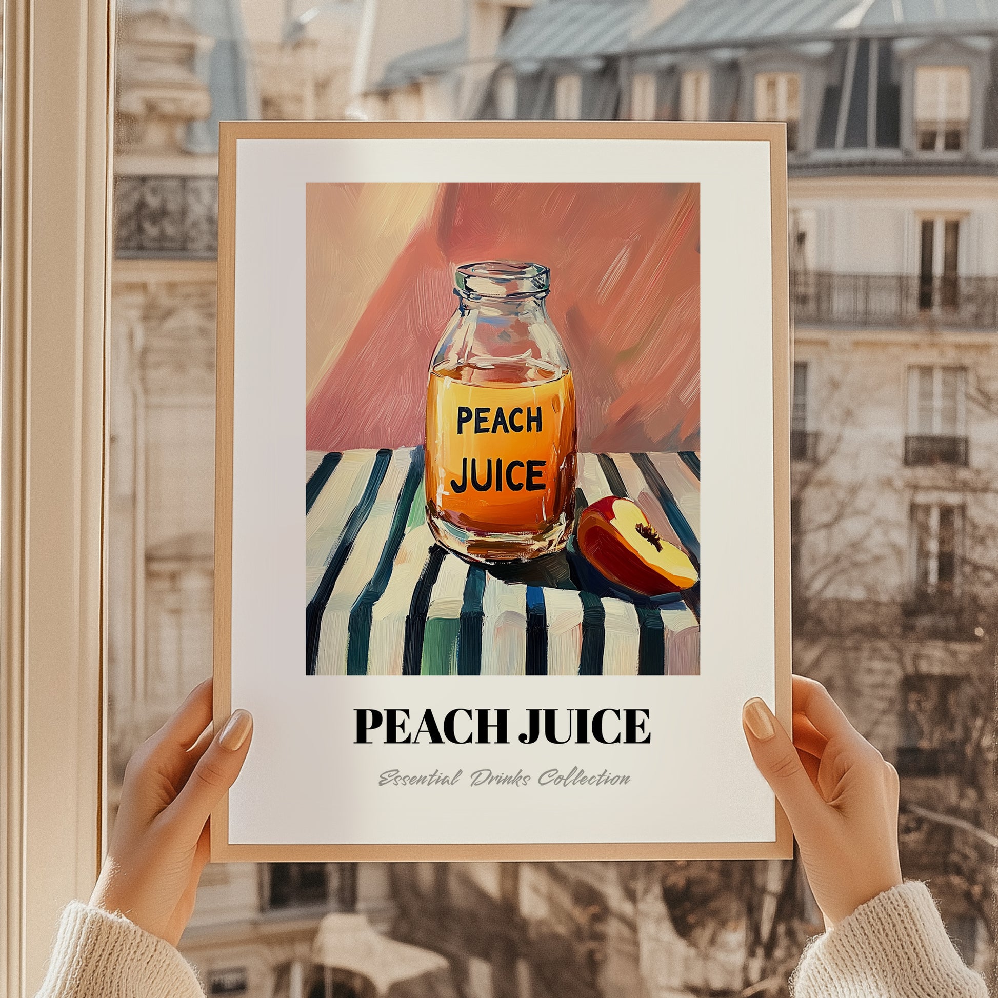 Peach Juice – on Striped Tablecloth, Lemonade Still Life, styled in a charming Paris street view