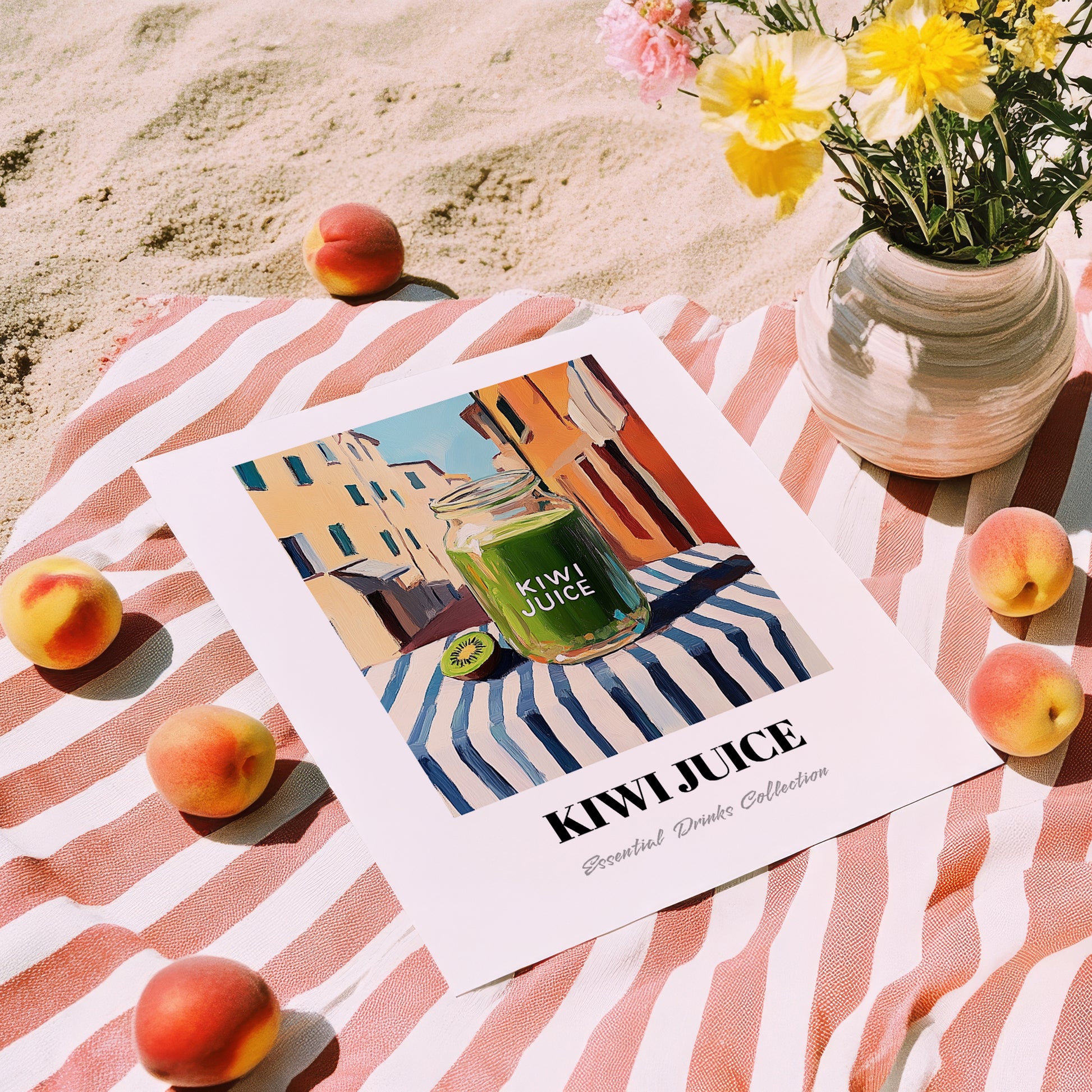 Kiwi Juice – Italian Café on the Corner, Lemonade Poster, unframed on coastal sand