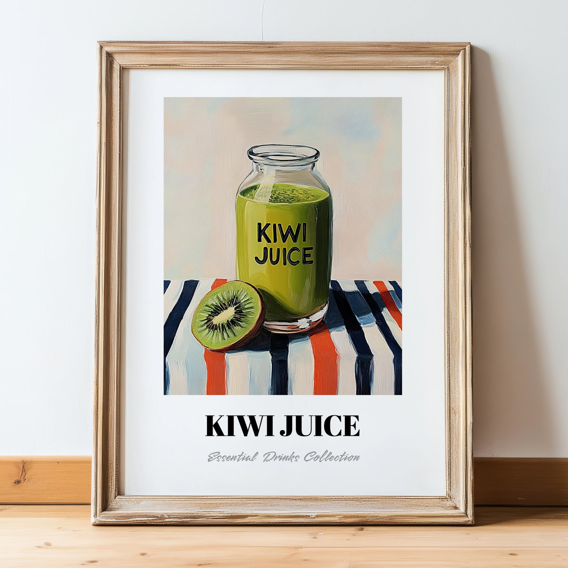 Kiwi Juice – on Striped Tablecloth, Lemonade Wall Decor, in wooden frame leaning on the floor