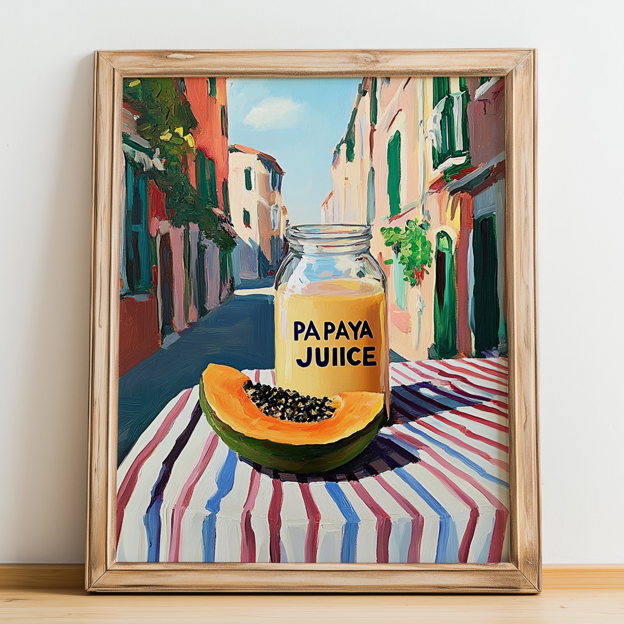 Papaya Juice – Italian Urban Café Scene, Lemonade Wall Art, no-text version framed in wood