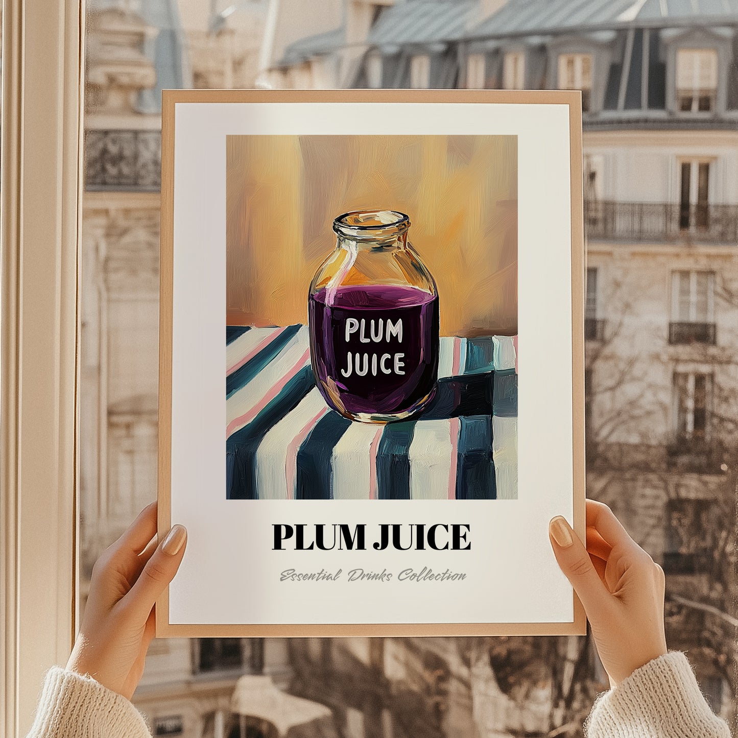 Plum Juice – on Striped Tablecloth, Lemonade Still Life, styled in a charming Paris street view