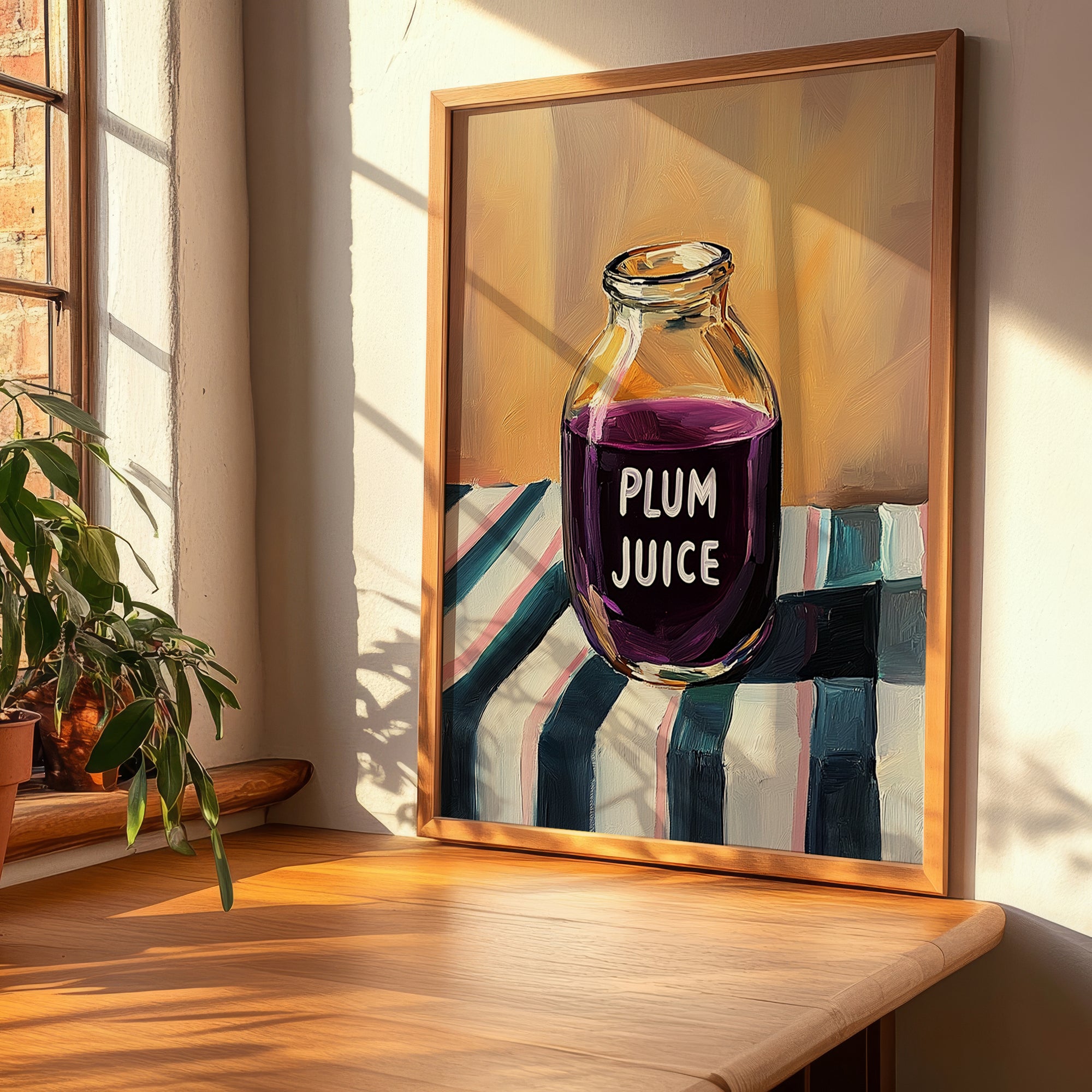 Plum Juice – on Striped Tablecloth, Lemonade Still Life, clean layout with no caption