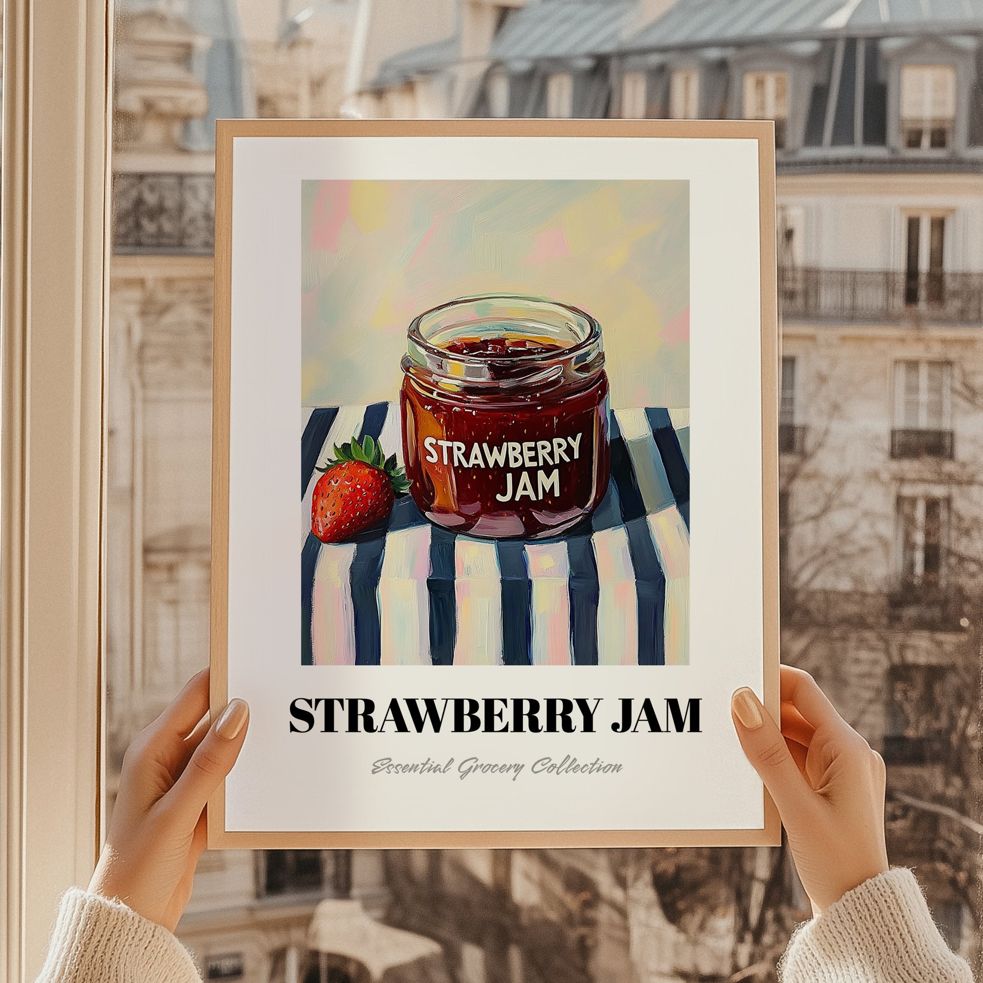 Strawberry Jam – on Striped Tablecloth, Jam Wall Art, styled in a charming Paris street view