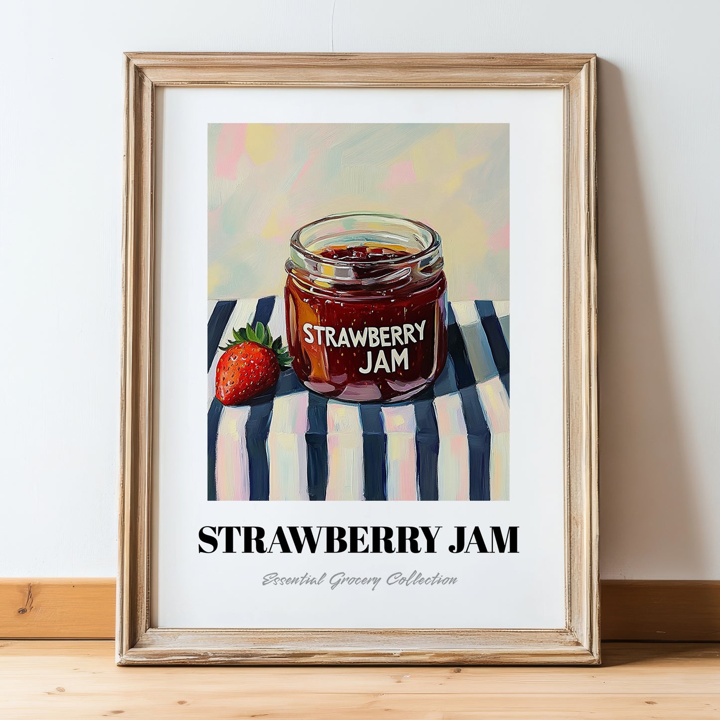 Strawberry Jam – on Striped Tablecloth, Jam Wall Art, in wooden frame leaning on the floor