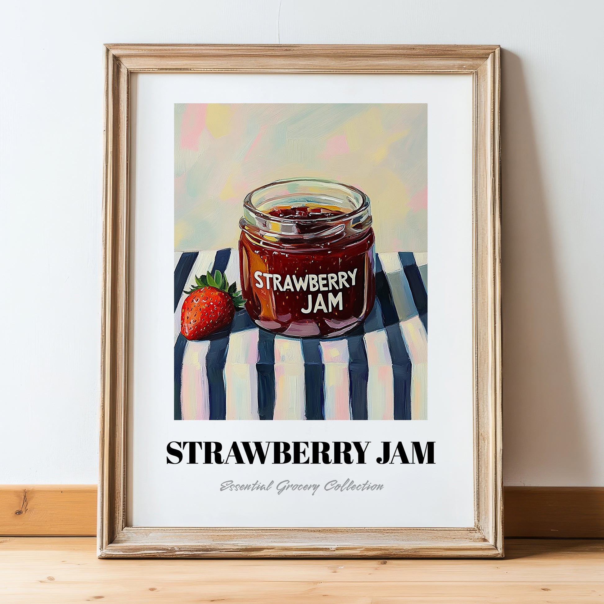 Strawberry Jam – on Striped Tablecloth, Jam Wall Art, in wooden frame leaning on the floor